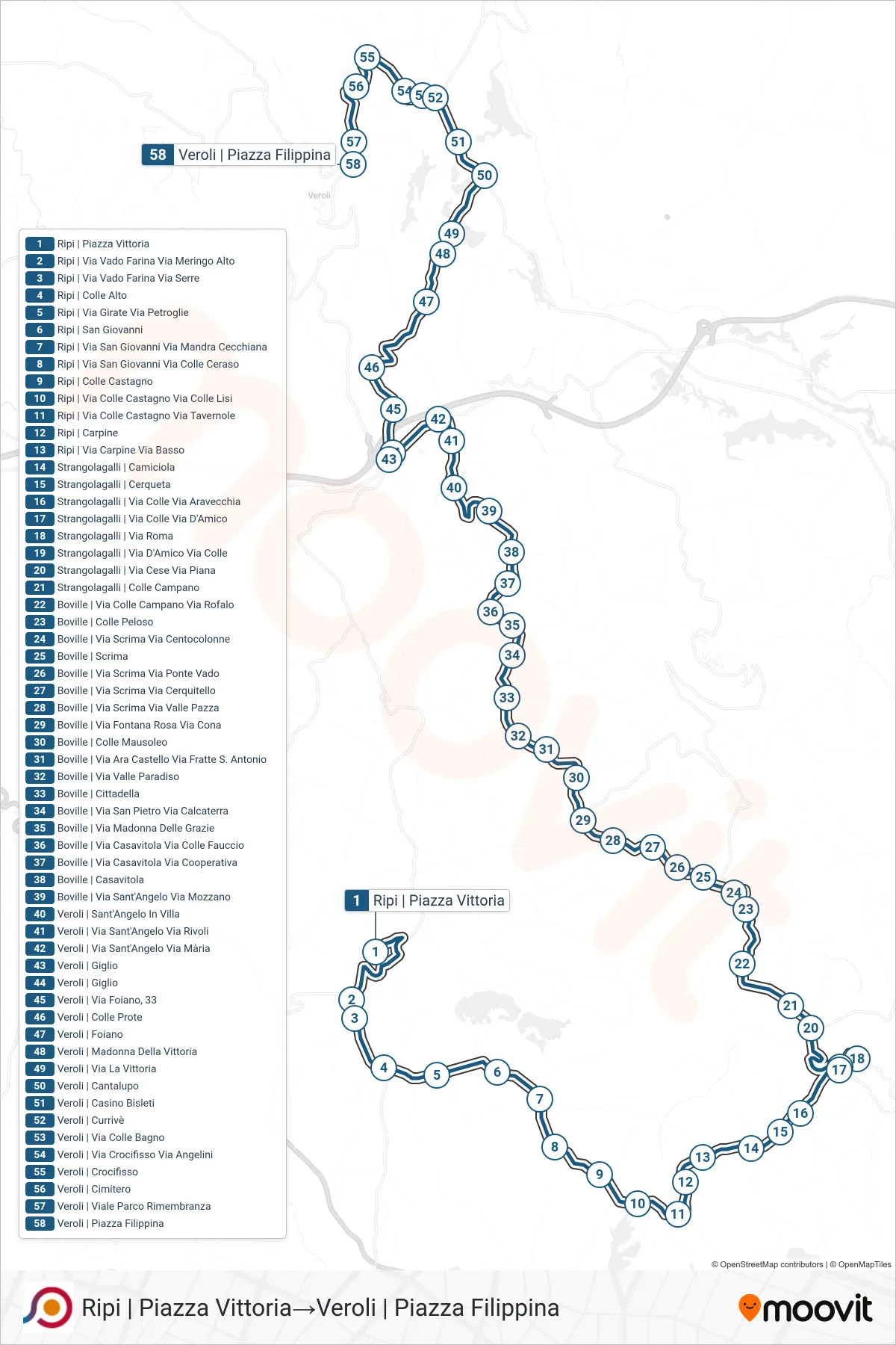 Linea COTRAL bus (Ripi | Piazza Vittoria→Veroli | Piazza Filippina) - Percorsi e fermate sulla mappa