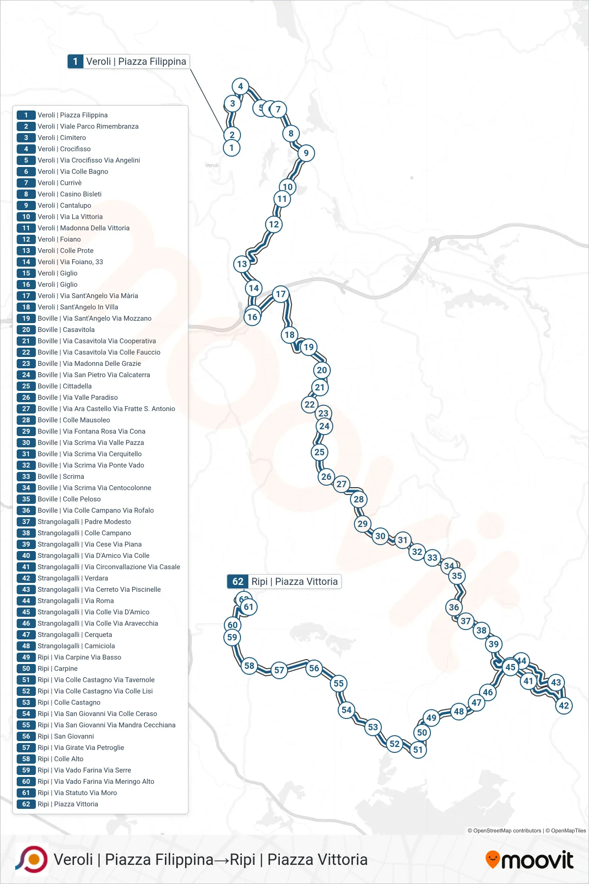 Linea COTRAL bus (Veroli | Piazza Filippina→Ripi | Piazza Vittoria) - Percorsi e fermate sulla mappa