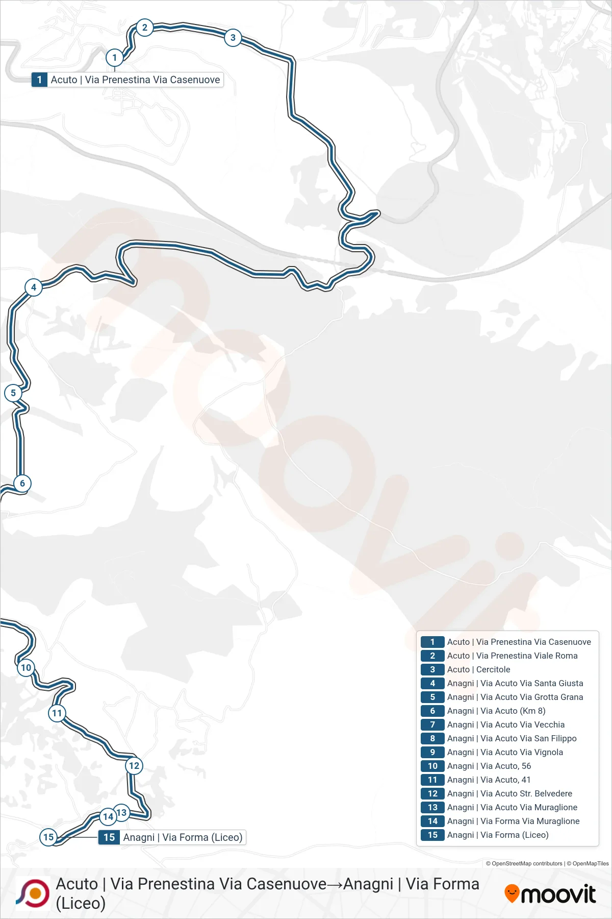 Linea COTRAL bus (Acuto | Via Prenestina Via Casenuove→Anagni | Via Forma (Liceo)) - Percorsi e fermate sulla mappa