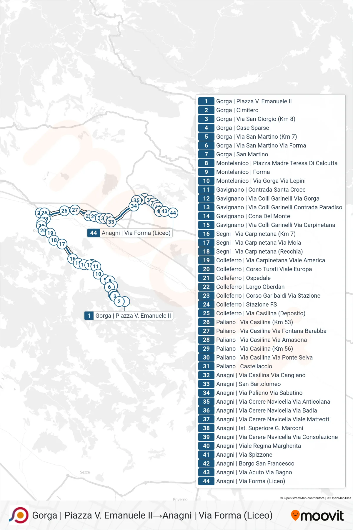 Linea COTRAL bus (Gorga | Piazza V. Emanuele II→Anagni | Via Forma (Liceo)) - Percorsi e fermate sulla mappa