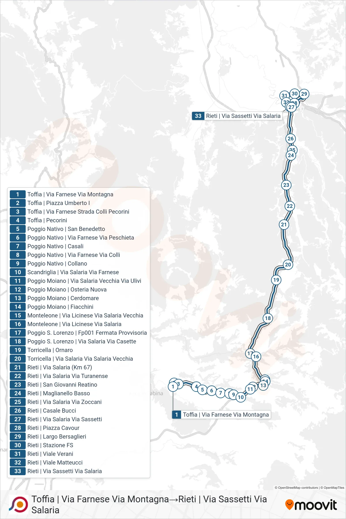 Linea COTRAL bus (Toffia | Via Farnese Via Montagna→Rieti | Via Sassetti Via Salaria) - Percorsi e fermate sulla mappa