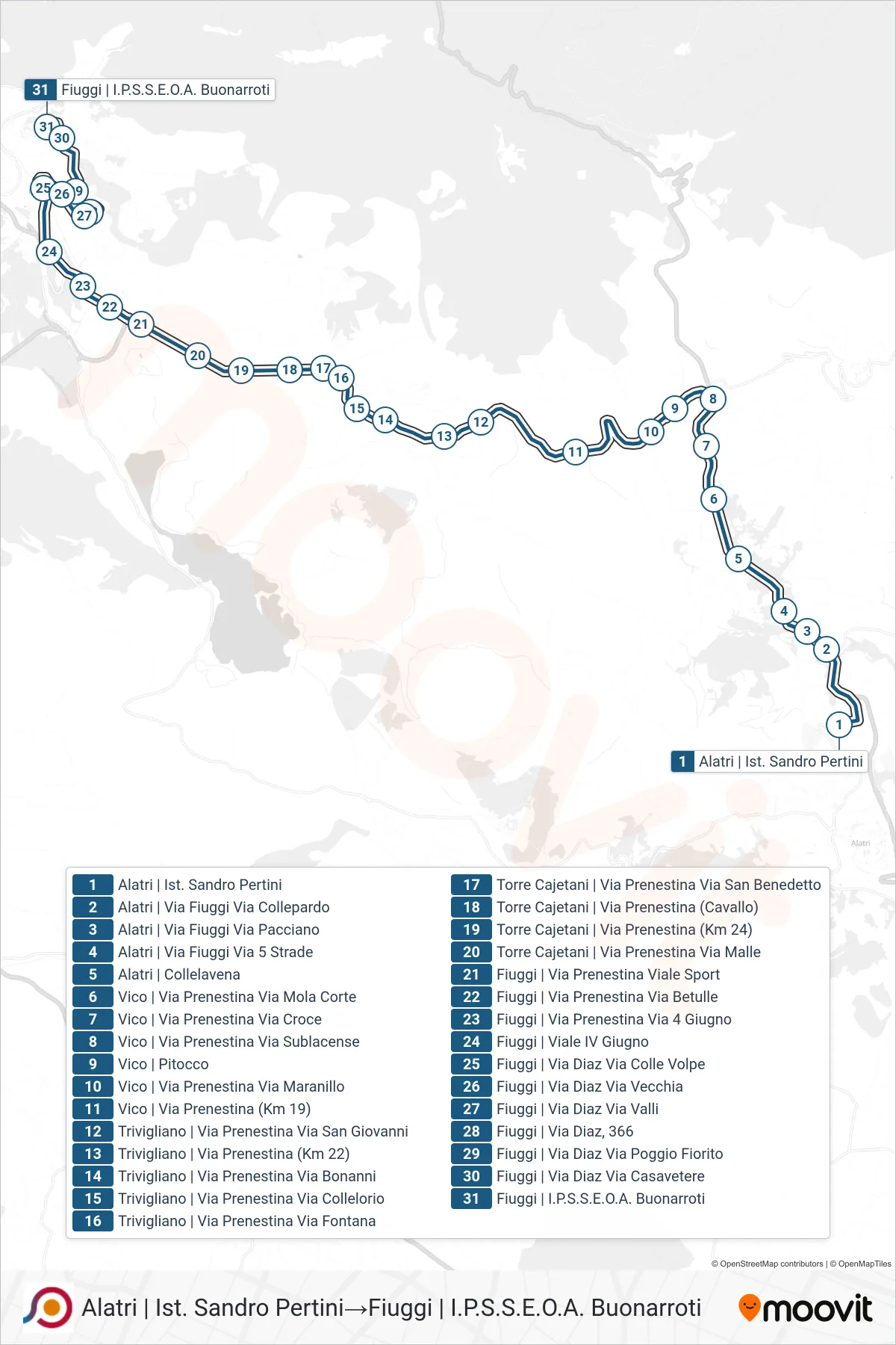 COTRAL bus Line (Alatri | Sandro Pertini Institute‎→Fiuggi | I.P.S.S.E.O.A. Buonarroti) route and stops on a map