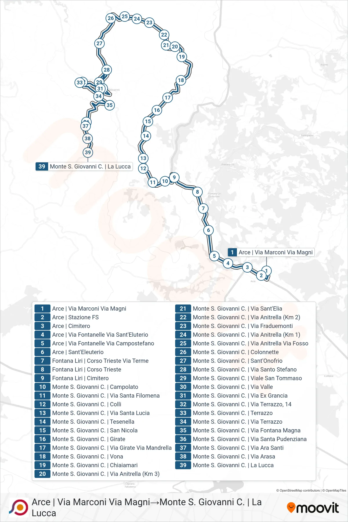 Linea COTRAL bus (Arce | Via Marconi Via Magni→Monte S. Giovanni C. | La Lucca) - Percorsi e fermate sulla mappa