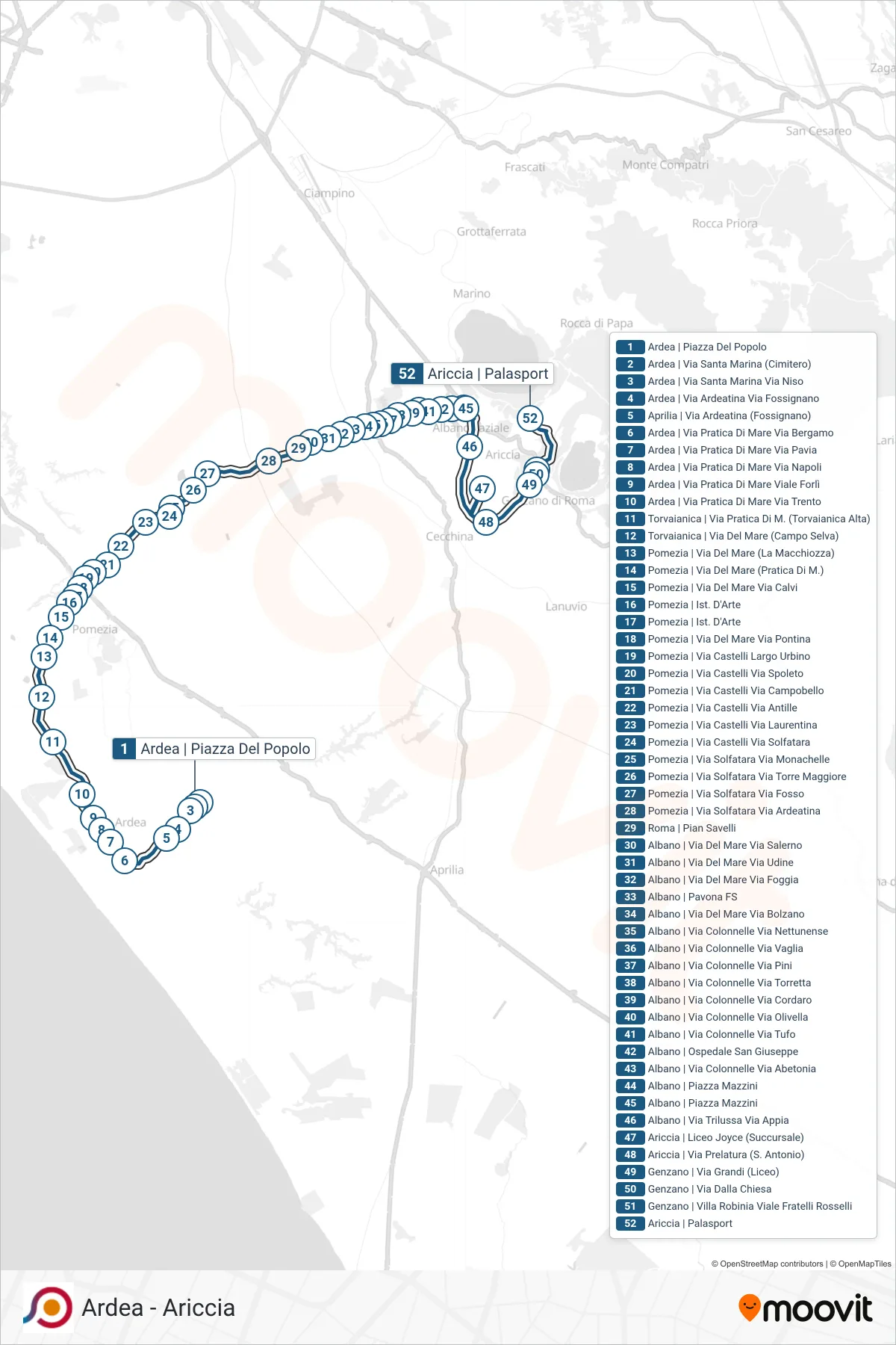 Linea COTRAL bus (Ardea | Piazza Del Popolo→Ariccia | Palasport) - Percorsi e fermate sulla mappa