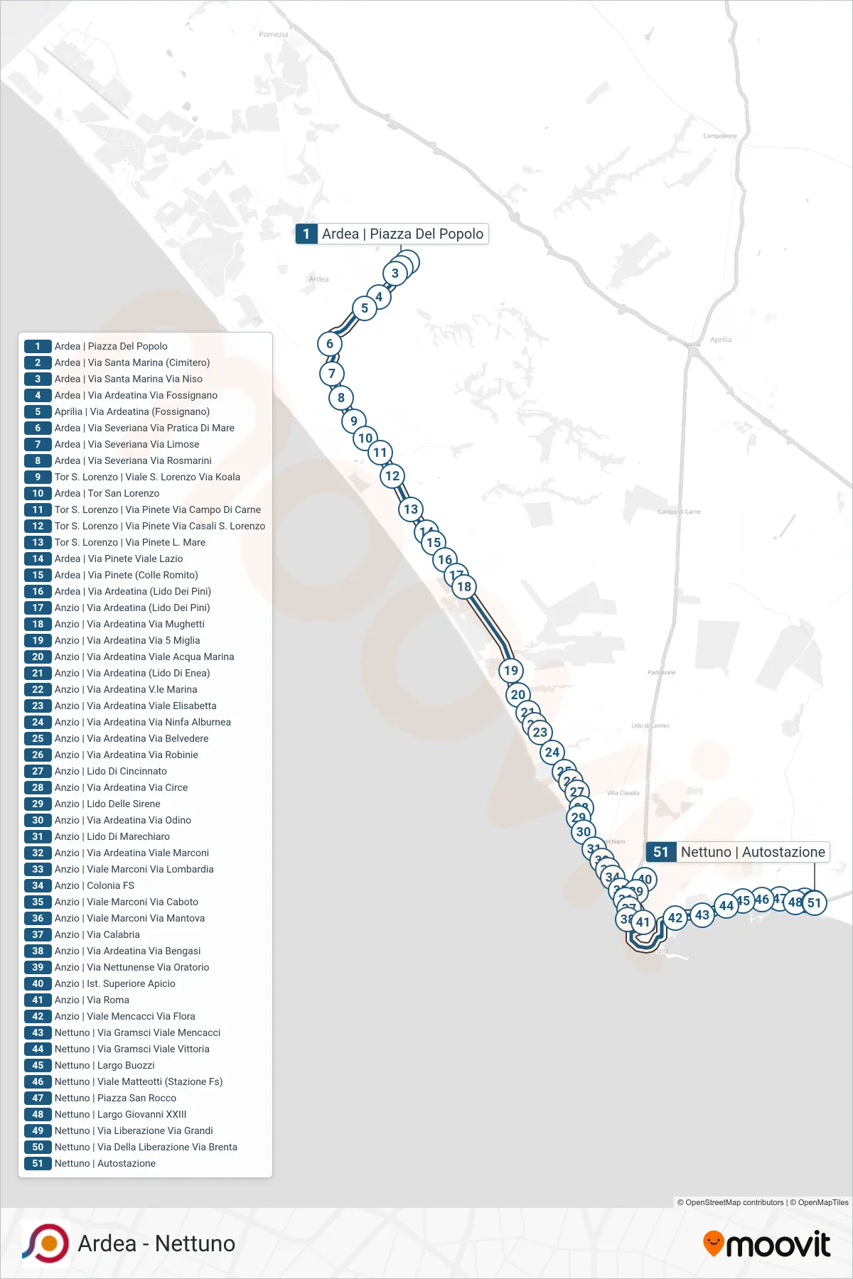 COTRAL bus Line (Ardea via Piazza Del Popolo‎→Nettuno | Bus Station) route and stops on a map