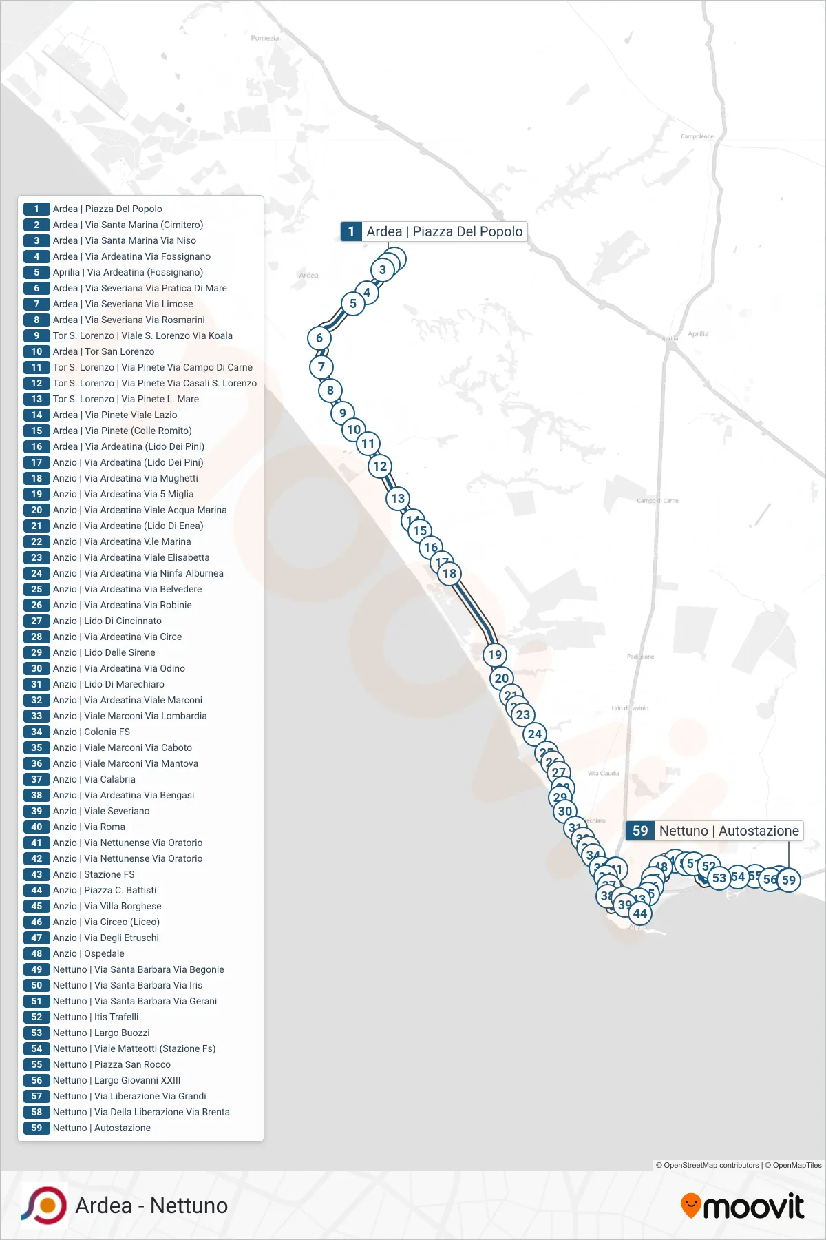 Linea COTRAL bus (Ardea | Piazza Del Popolo→Nettuno | Autostazione) - Percorsi e fermate sulla mappa