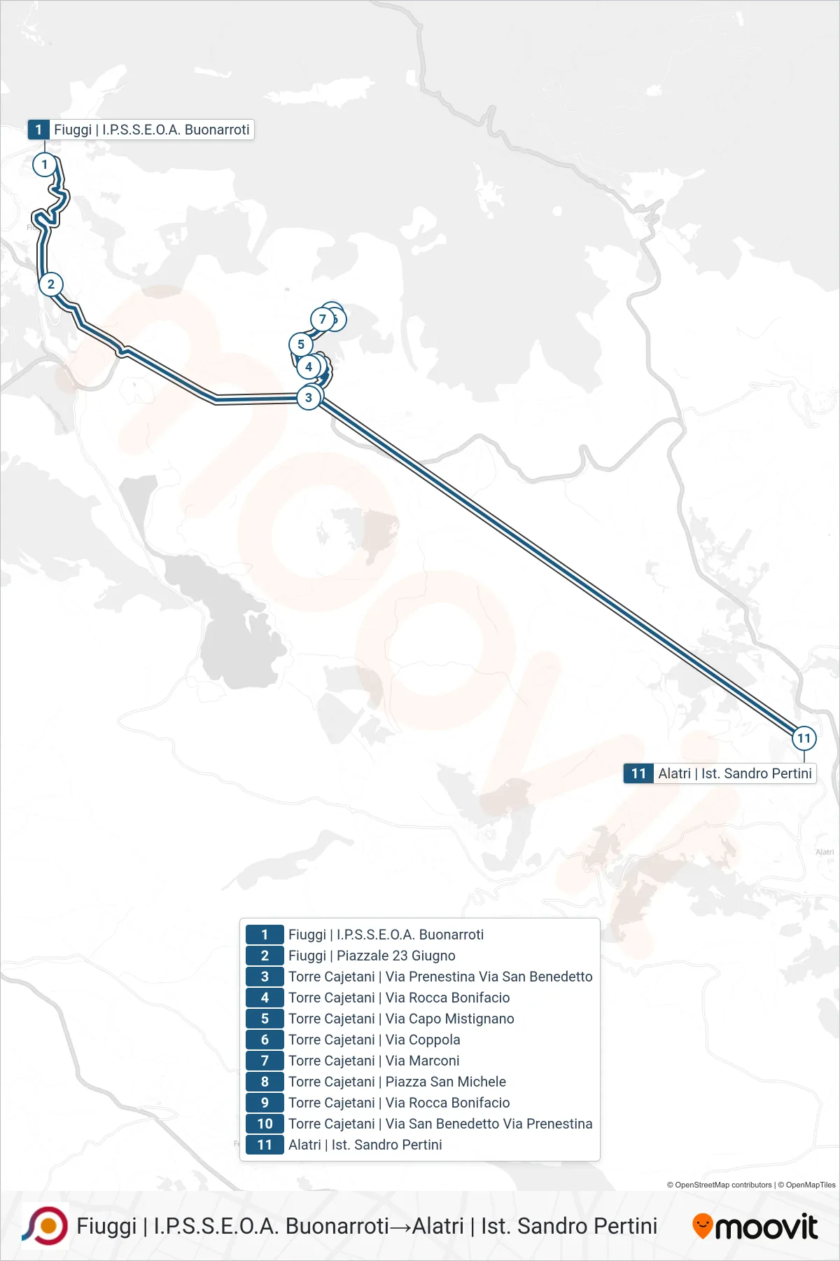 Linea COTRAL bus (Fiuggi | I.P.S.S.E.O.A. Buonarroti→Alatri | Ist. Sandro Pertini) - Percorsi e fermate sulla mappa