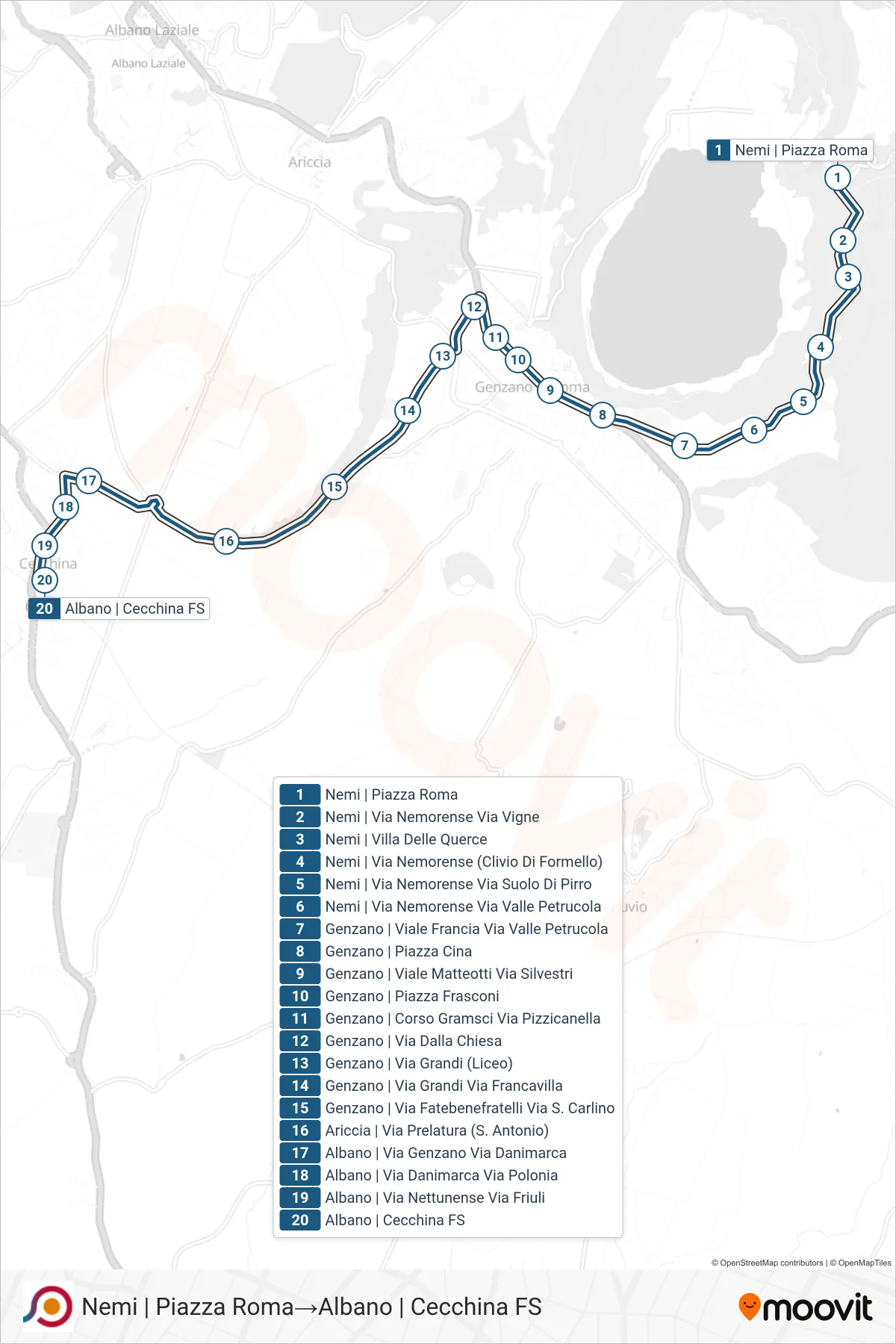 Linea COTRAL bus (Nemi | Piazza Roma→Albano | Cecchina FS) - Percorsi e fermate sulla mappa