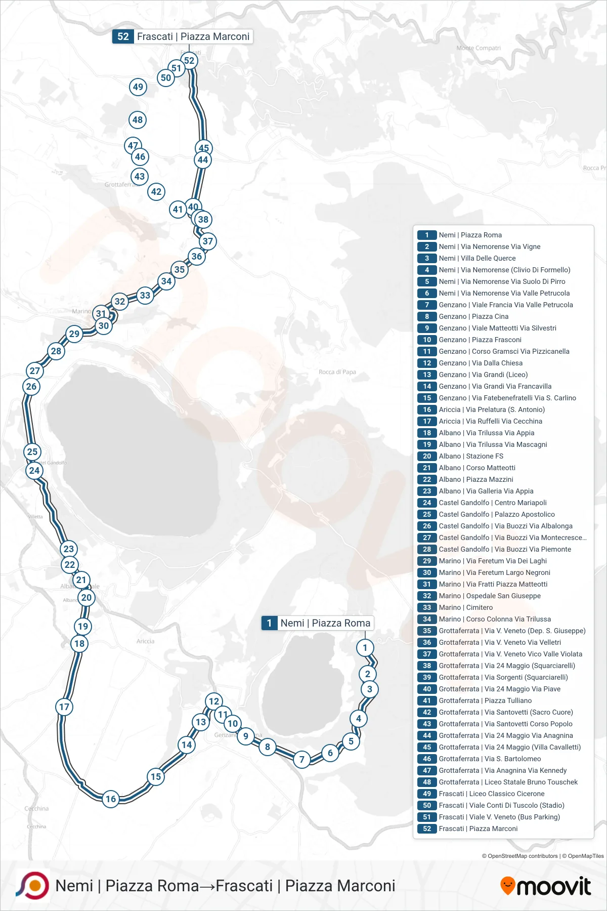 Linea COTRAL  bus (Nemi | Piazza Roma‎→Frascati | Piazza Marconi) - Percorsi e fermate sulla mappa
