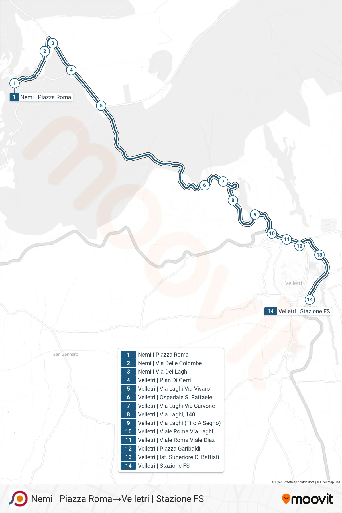 Linea COTRAL bus (Nemi | Piazza Roma→Velletri | Stazione FS) - Percorsi e fermate sulla mappa