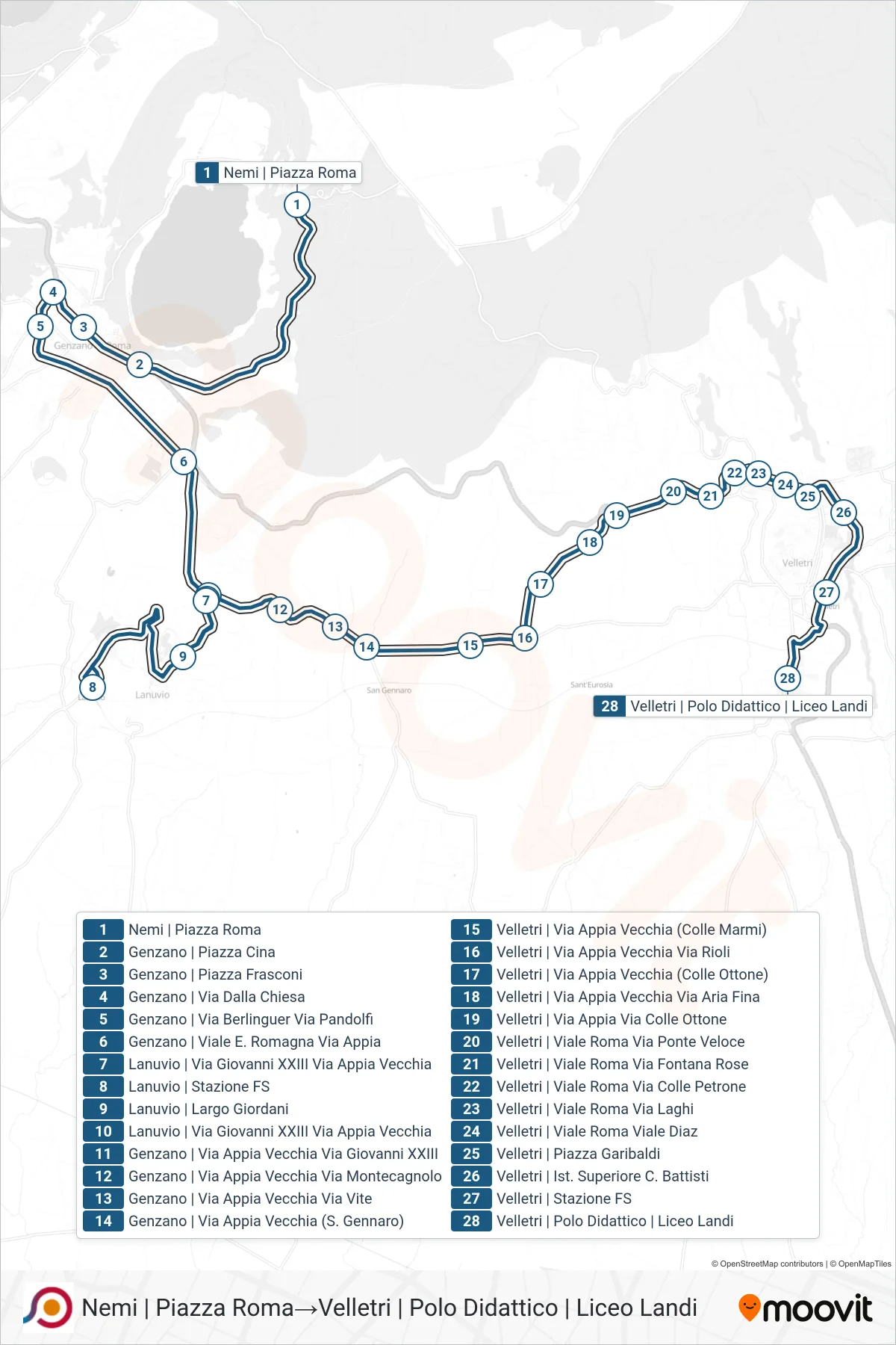 Linea COTRAL bus (Nemi | Piazza Roma→Velletri | Polo Didattico | Liceo Landi) - Percorsi e fermate sulla mappa