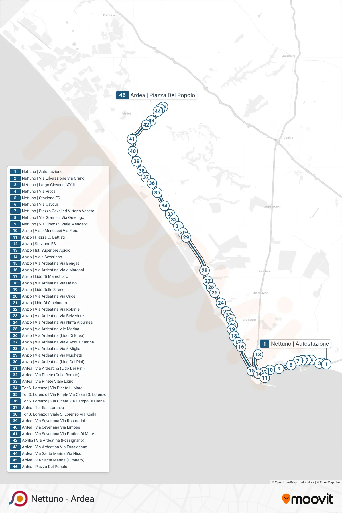 Linea COTRAL bus (Nettuno | Autostazione→Ardea | Piazza Del Popolo) - Percorsi e fermate sulla mappa