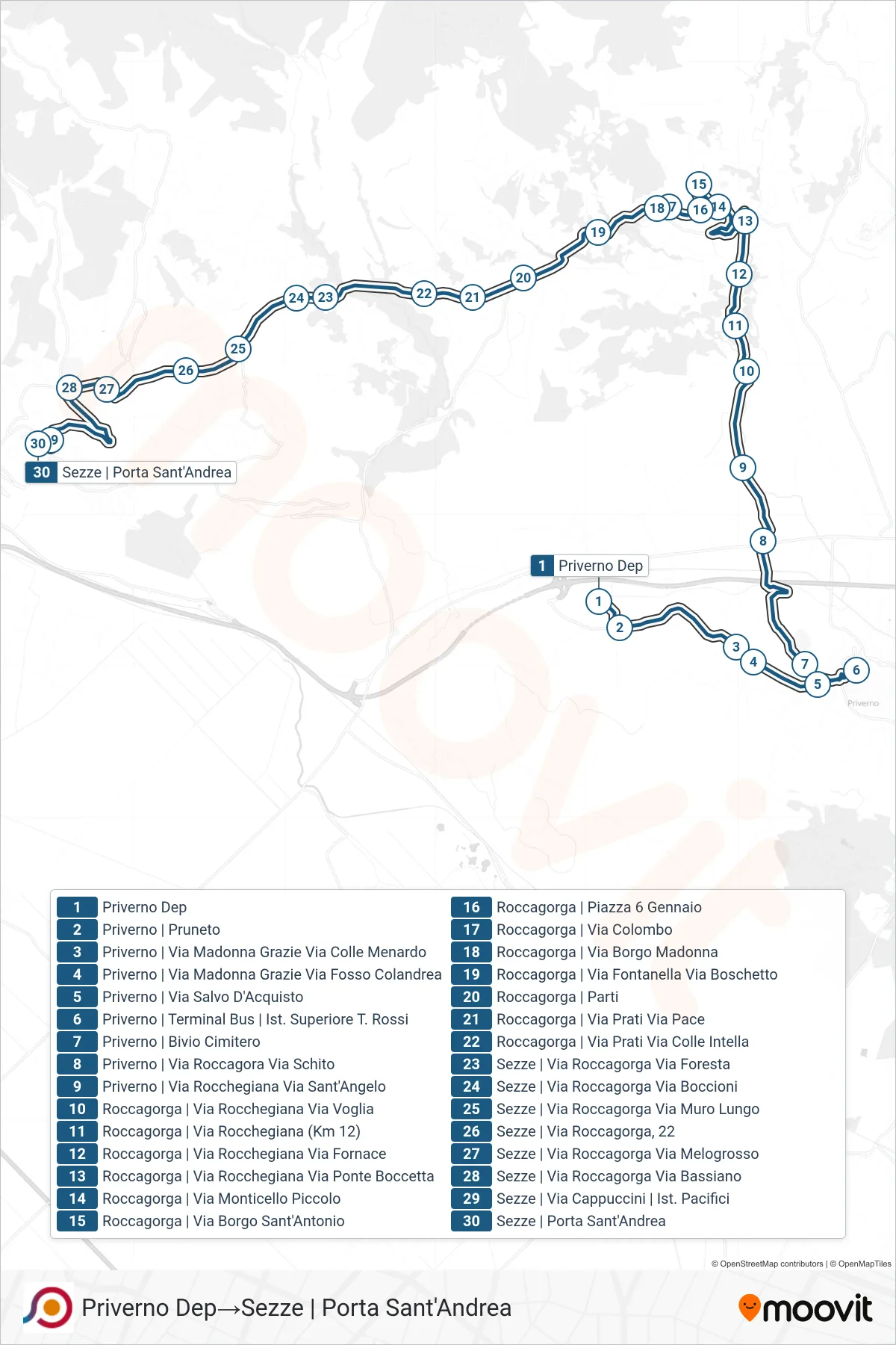 Linea COTRAL bus (Priverno Dep→Sezze | Porta Sant'Andrea) - Percorsi e fermate sulla mappa