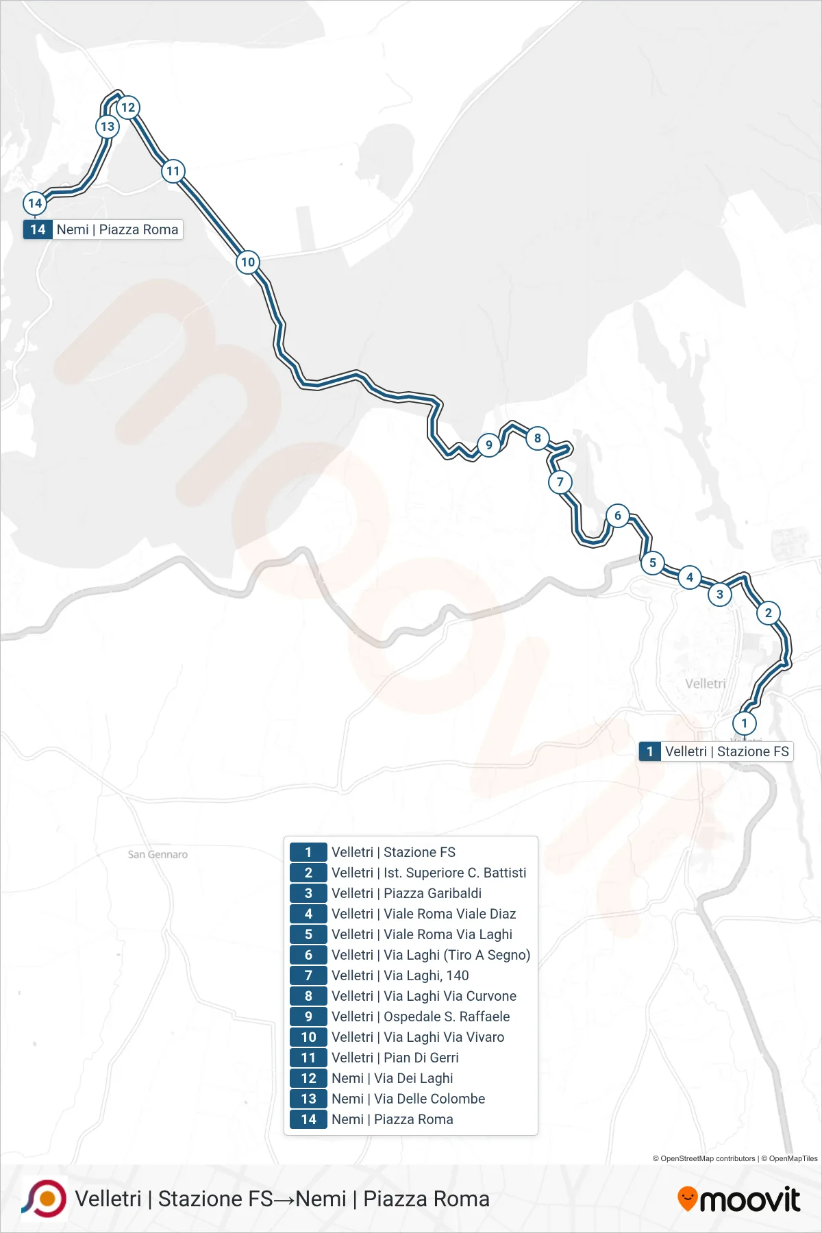 Linea COTRAL bus (Velletri | Stazione FS→Nemi | Piazza Roma) - Percorsi e fermate sulla mappa