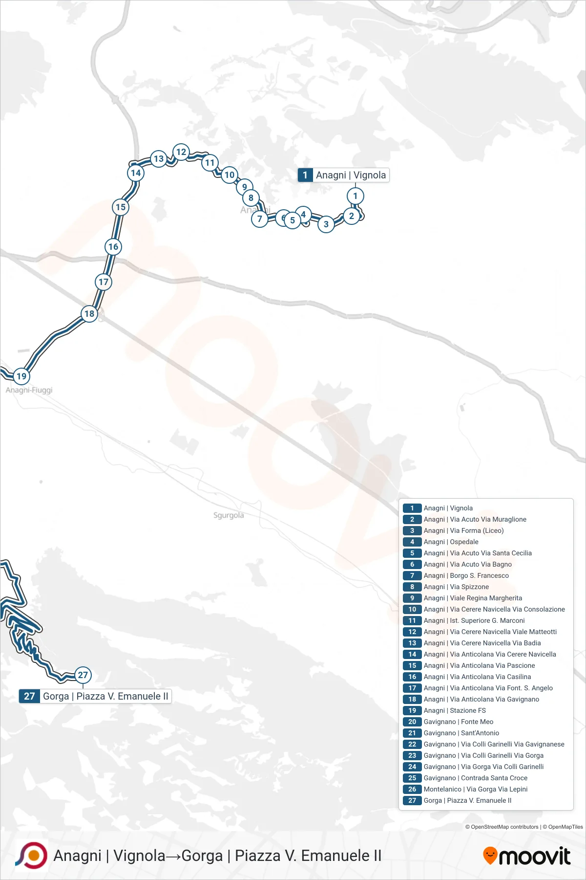Linea COTRAL bus (Anagni | Vignola→Gorga | Piazza V. Emanuele II) - Percorsi e fermate sulla mappa
