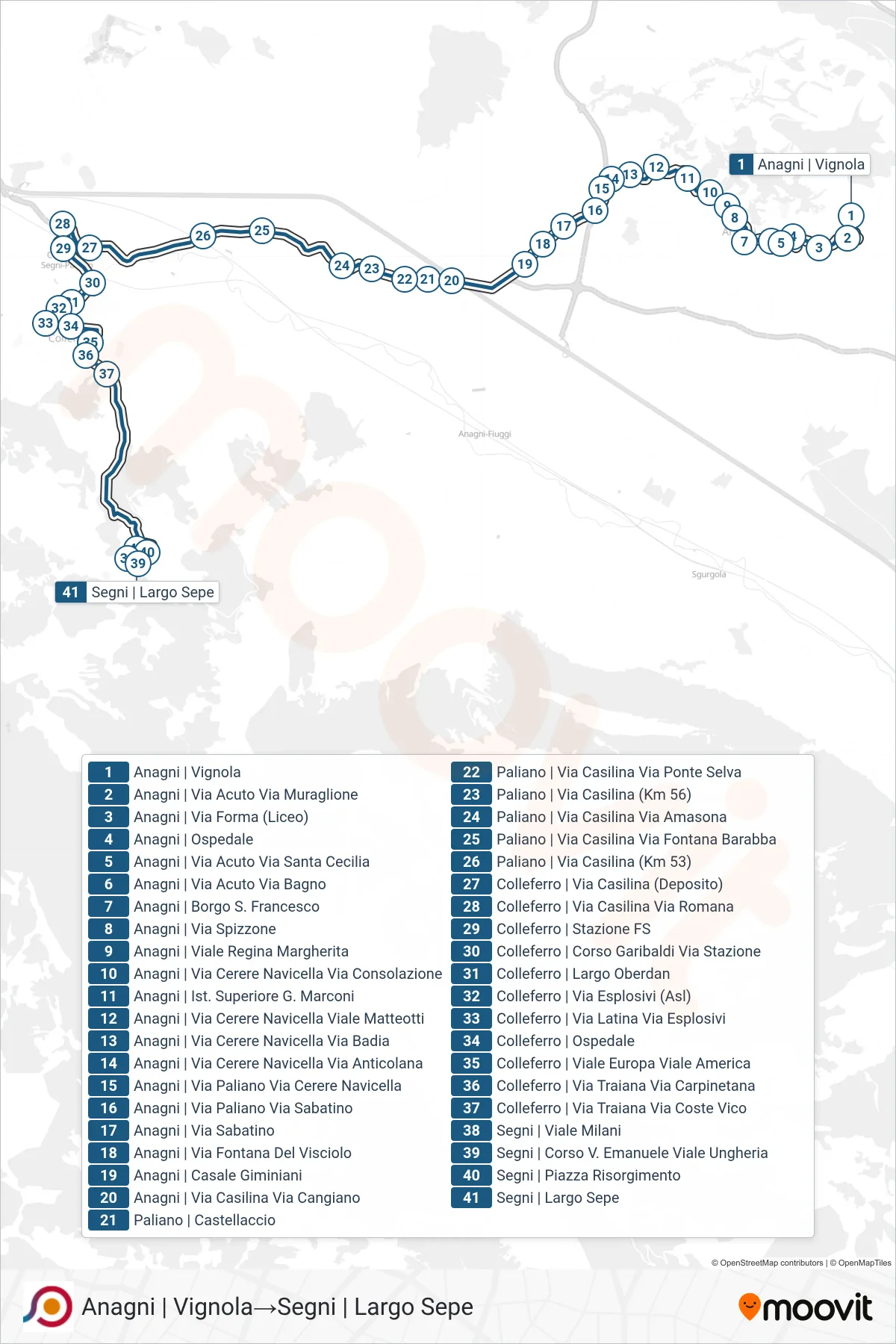 Linea COTRAL bus (Anagni | Vignola→Segni | Largo Sepe) - Percorsi e fermate sulla mappa