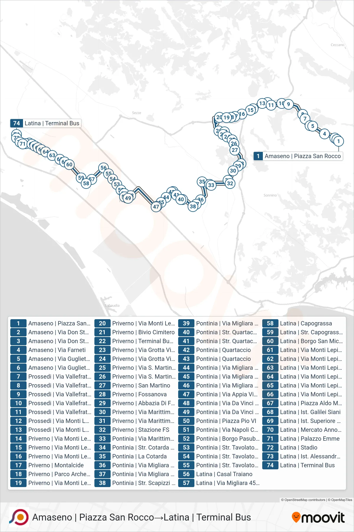 Linea COTRAL bus (Amaseno | Piazza San Rocco→Latina | Terminal Bus) - Percorsi e fermate sulla mappa