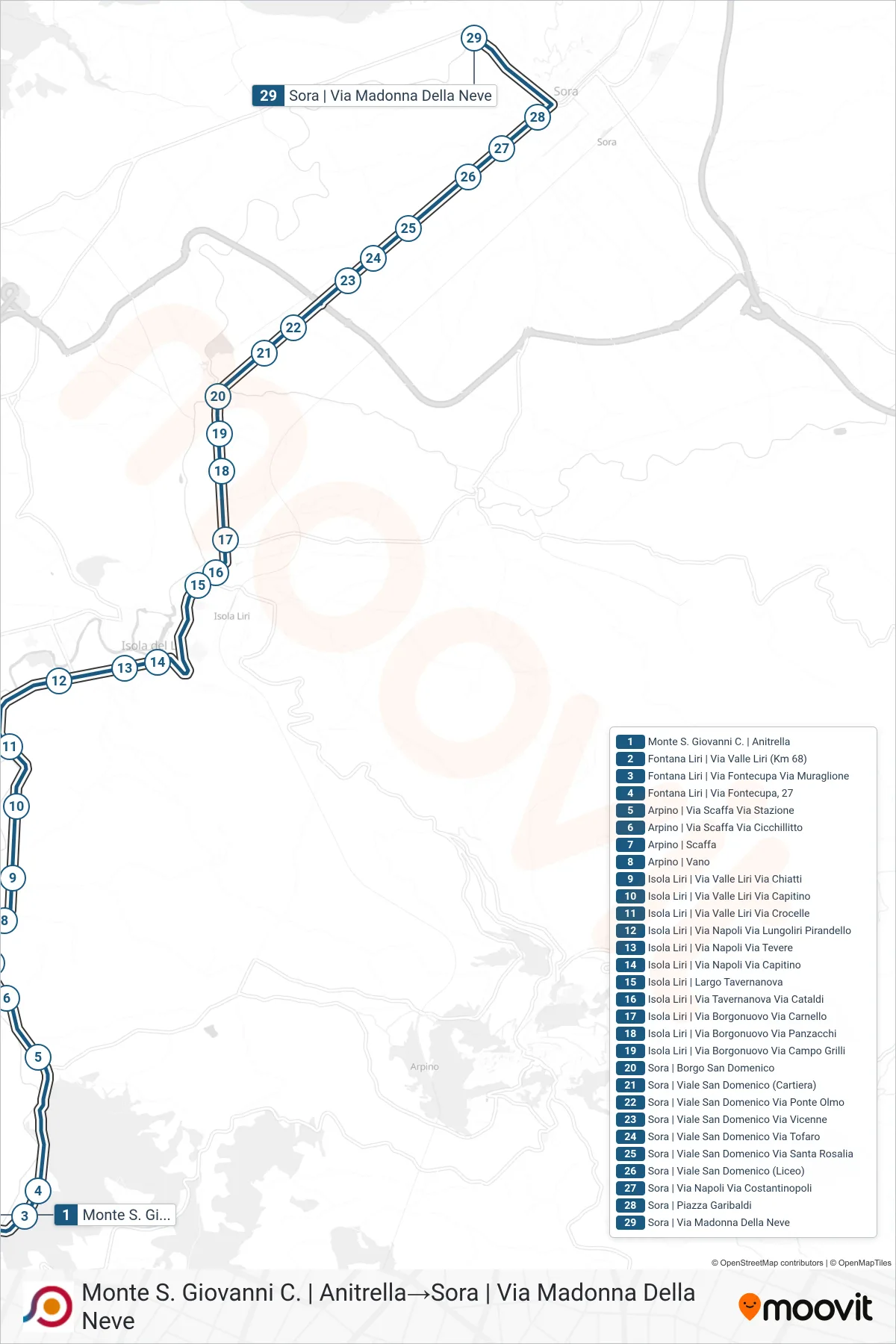 Linea COTRAL bus (Monte S. Giovanni C. | Anitrella→Sora | Via Madonna Della Neve) - Percorsi e fermate sulla mappa