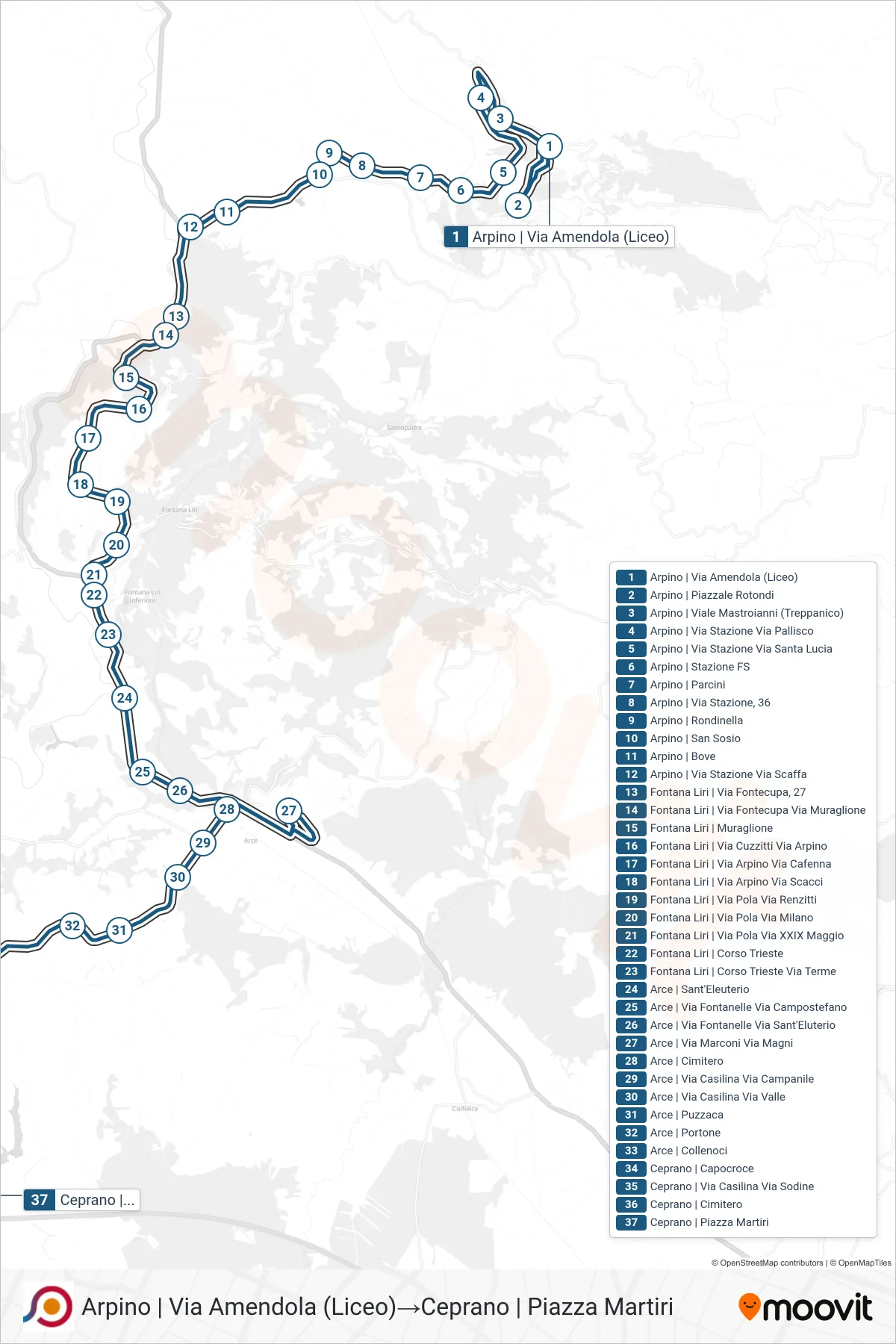 Linea COTRAL  bus (Arpino | Via Amendola (Liceo)‎→Ceprano | Piazza Martiri) - Percorsi e fermate sulla mappa