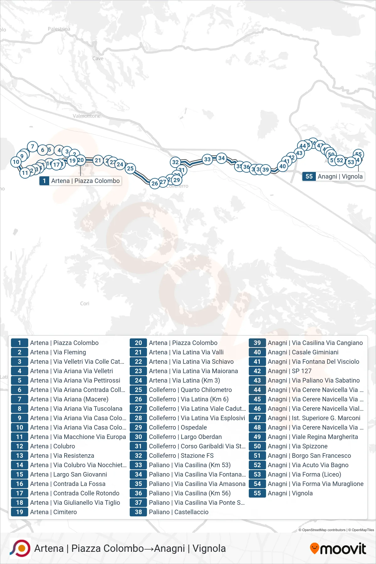 Linea COTRAL bus (Artena | Piazza Colombo→Anagni | Vignola) - Percorsi e fermate sulla mappa