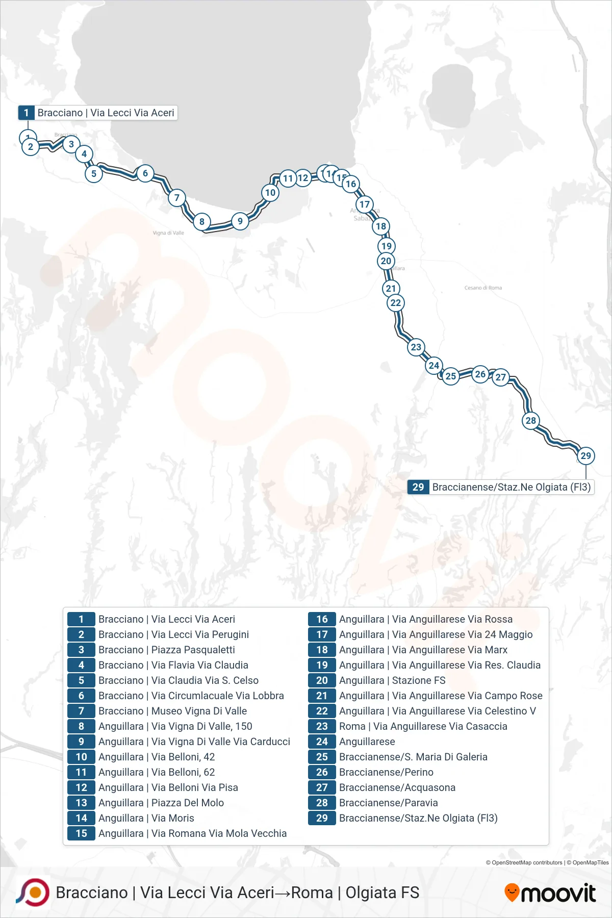 Linea COTRAL bus (Bracciano | Via Lecci Via Aceri→Roma | Olgiata FS) - Percorsi e fermate sulla mappa