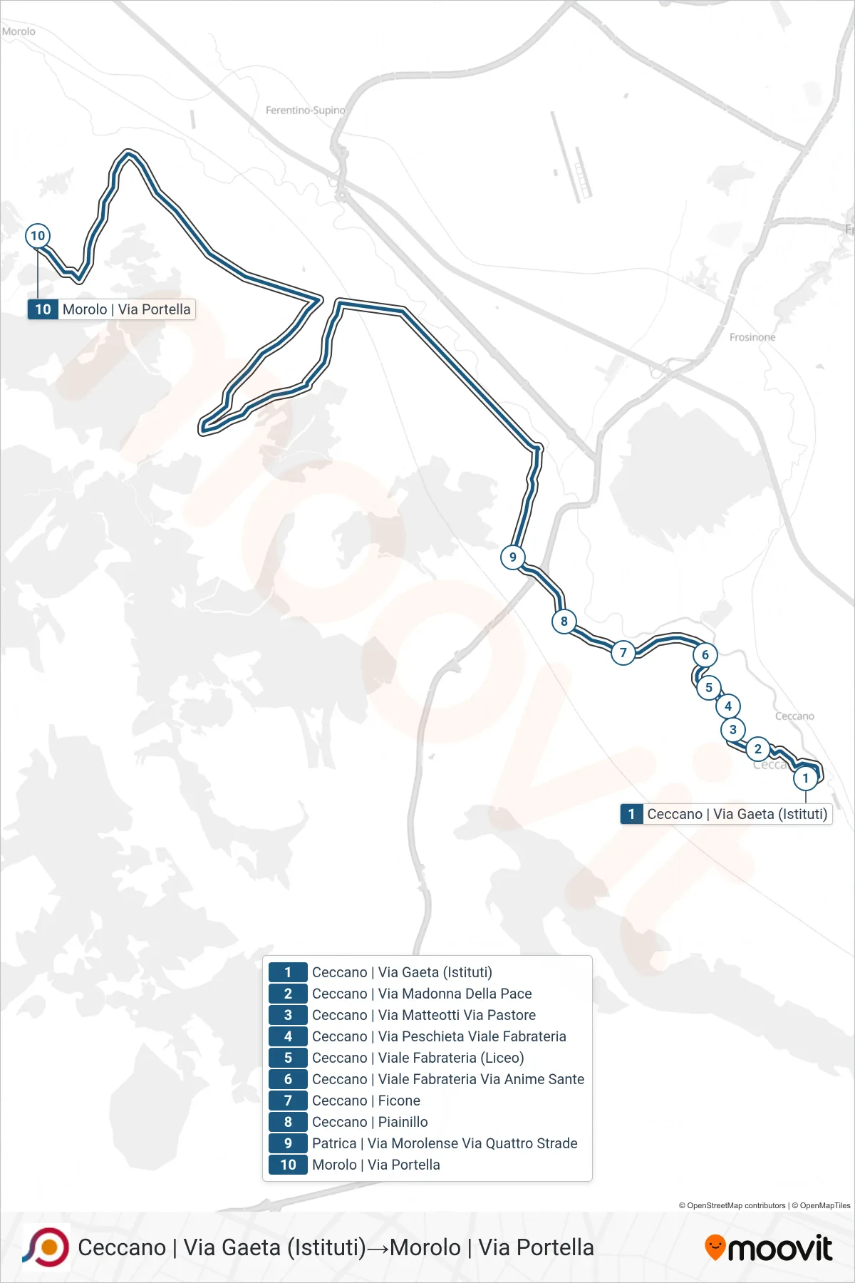 Linea COTRAL bus (Ceccano | Via Gaeta (Istituti)→Morolo | Via Portella) - Percorsi e fermate sulla mappa
