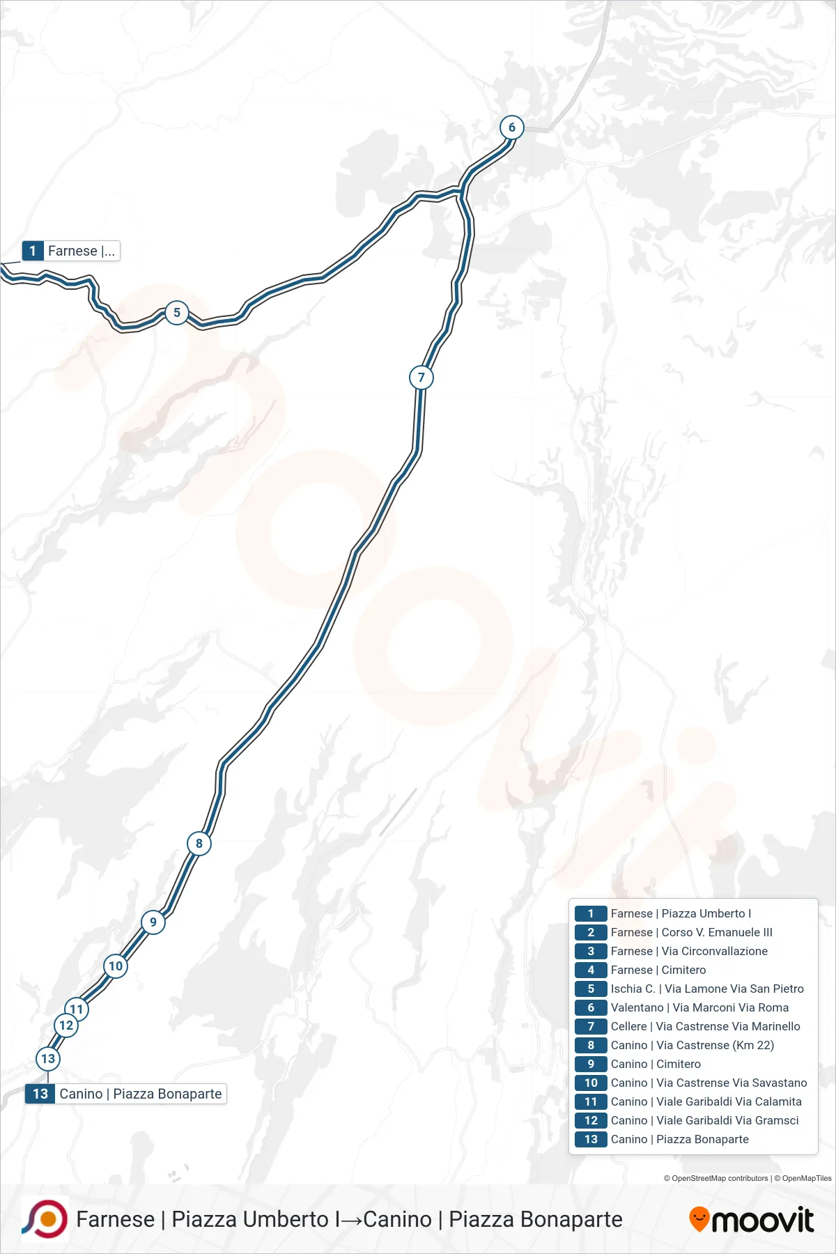 Linea COTRAL  bus (Farnese | Piazza Umberto I‎→Canino | Piazza Bonaparte) - Percorsi e fermate sulla mappa