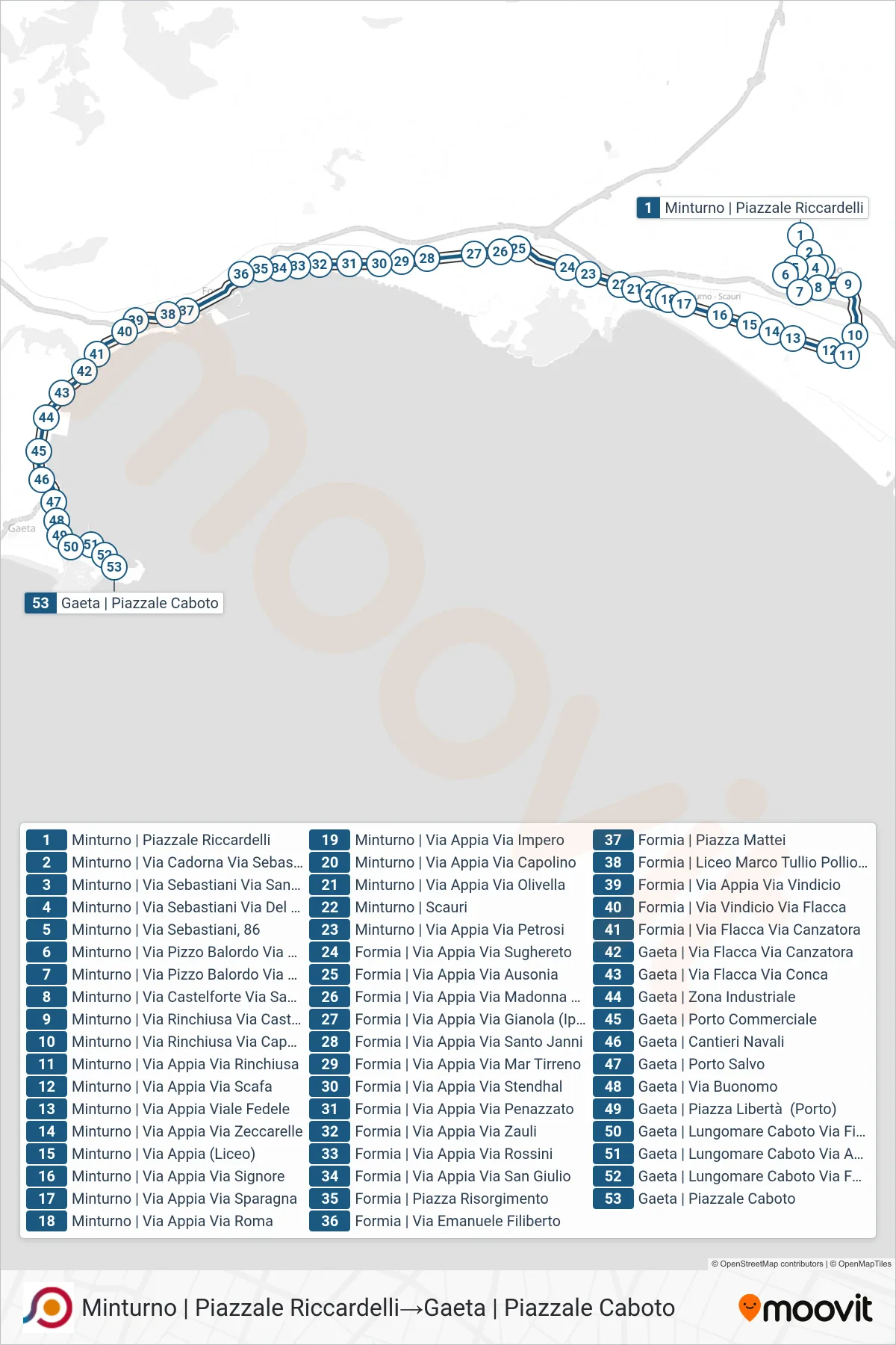 Linea COTRAL bus (Minturno | Piazzale Riccardelli→Gaeta | Piazzale Caboto) - Percorsi e fermate sulla mappa