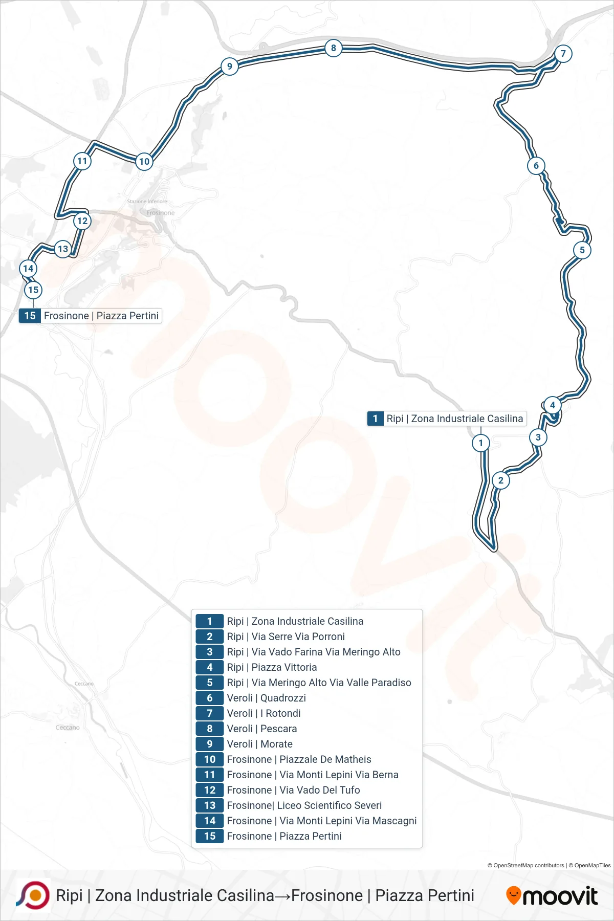 Linea COTRAL bus (Ripi | Zona Industriale Casilina→Frosinone | Piazza Pertini) - Percorsi e fermate sulla mappa