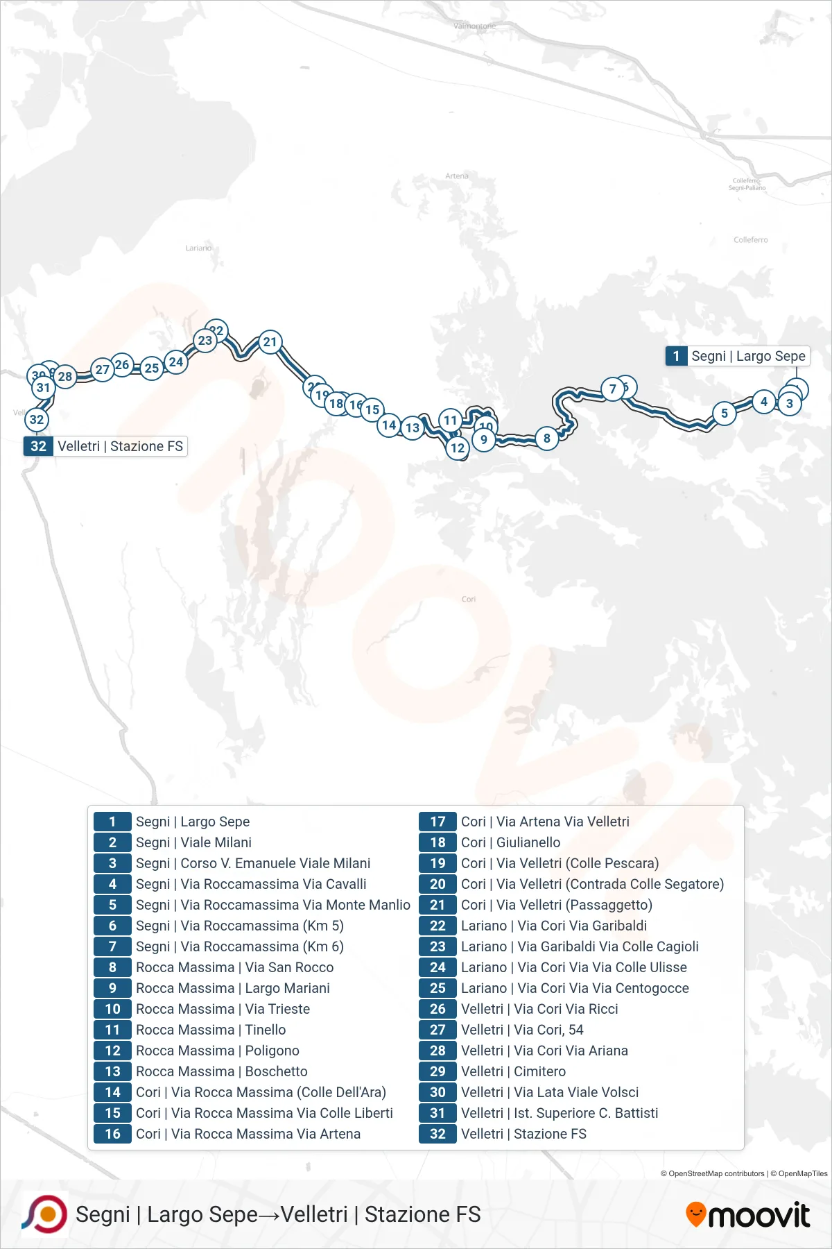Linea COTRAL bus (Segni | Largo Sepe→Velletri | Stazione FS) - Percorsi e fermate sulla mappa
