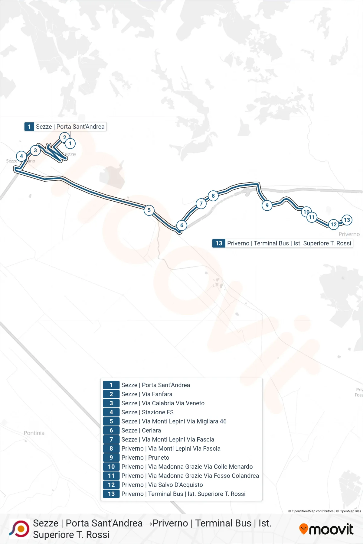 Linea COTRAL bus (Sezze | Porta Sant'Andrea→Priverno | Terminal Bus | Ist. Superiore T. Rossi) - Percorsi e fermate sulla mappa