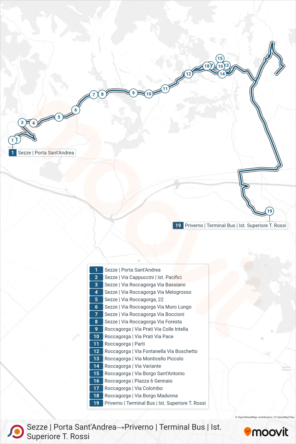 Linea COTRAL bus (Sezze | Porta Sant'Andrea→Priverno | Terminal Bus | Ist. Superiore T. Rossi) - Percorsi e fermate sulla mappa