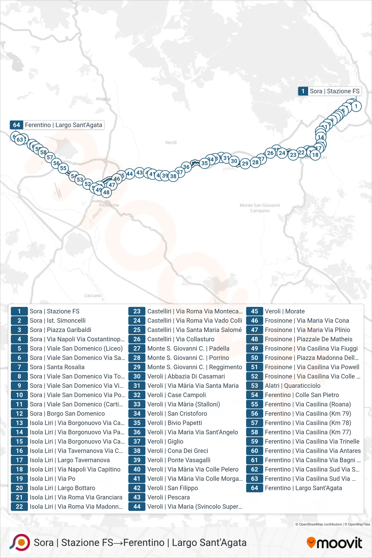 Linea COTRAL  bus (Sora | Stazione FS‎→Ferentino | Largo Sant'Agata) - Percorsi e fermate sulla mappa