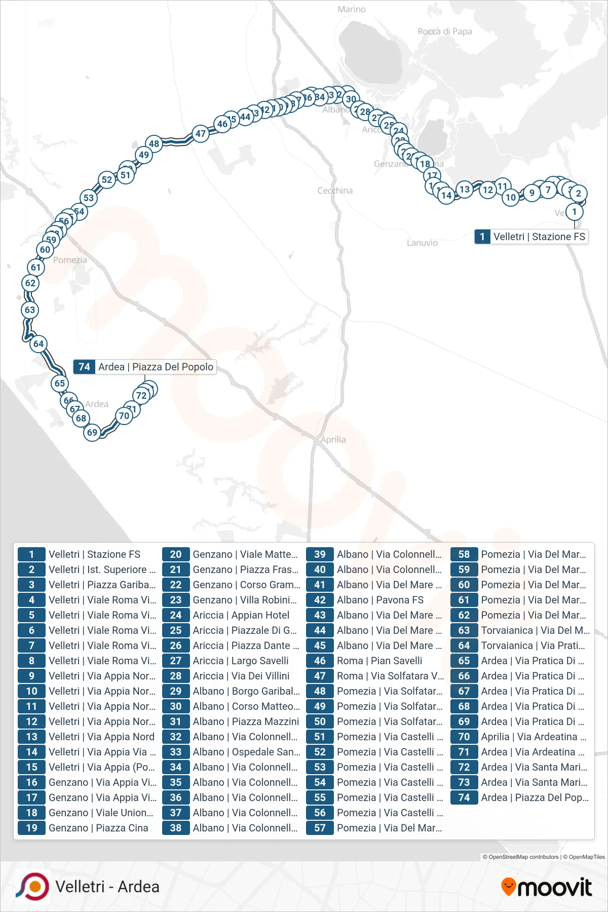 Linea COTRAL bus (Velletri | Stazione FS→Ardea | Piazza Del Popolo) - Percorsi e fermate sulla mappa