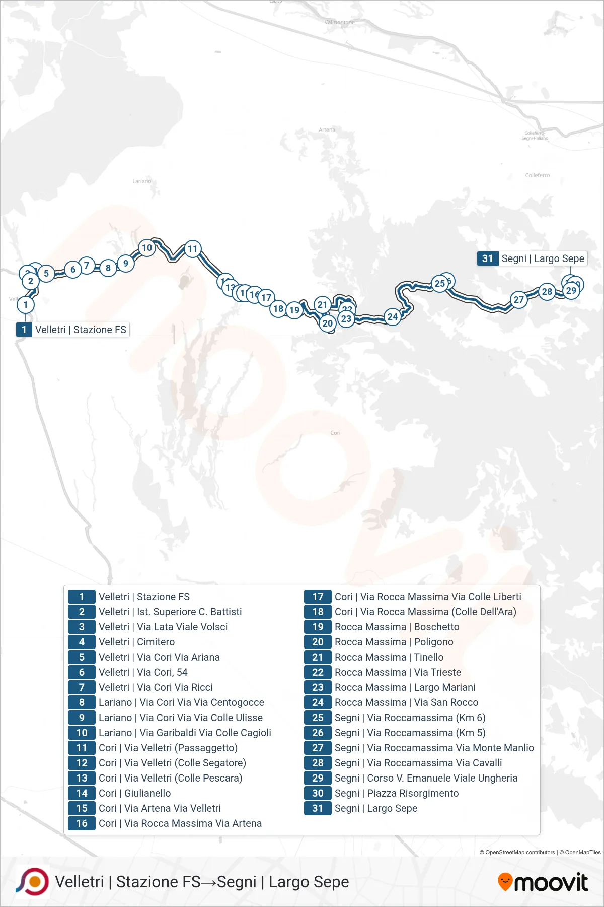 Linea COTRAL bus (Velletri | Stazione FS→Segni | Largo Sepe) - Percorsi e fermate sulla mappa