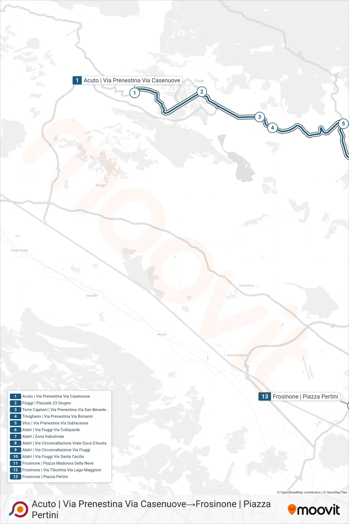 Linea COTRAL bus (Acuto | Via Prenestina Via Casenuove→Frosinone | Piazza Pertini) - Percorsi e fermate sulla mappa