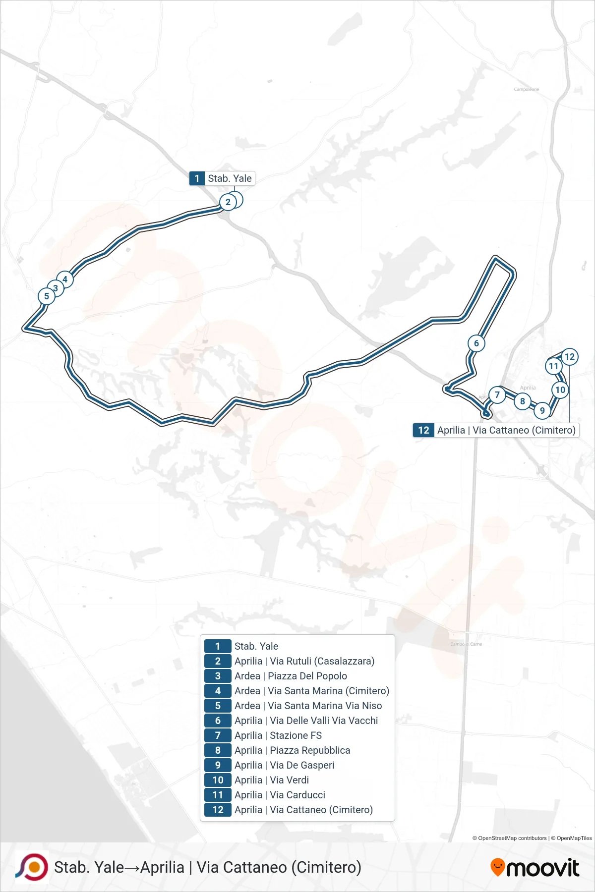 Linea COTRAL bus (Stab. Yale→Aprilia | Via Cattaneo (Cimitero)) - Percorsi e fermate sulla mappa