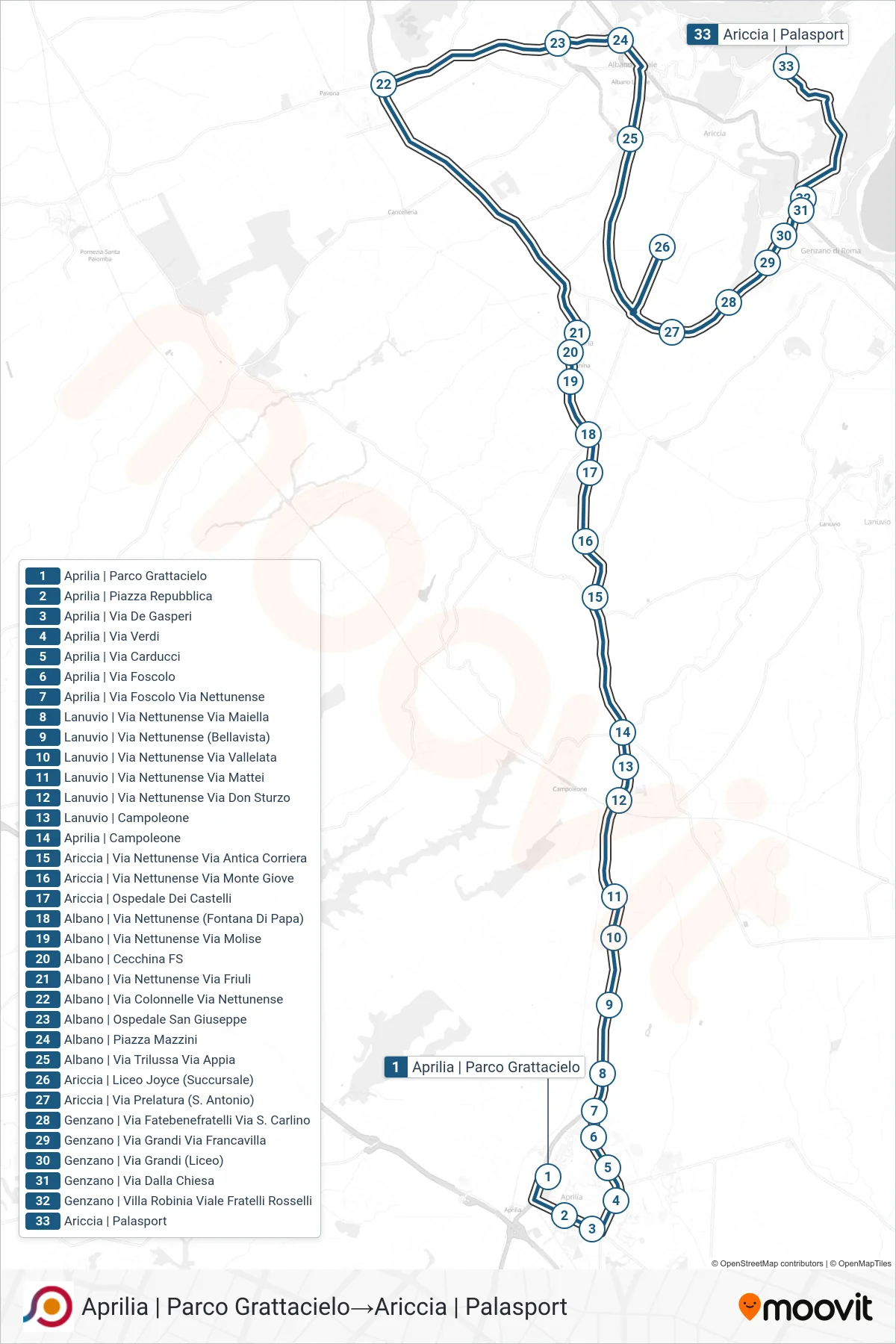 Linea COTRAL bus (Aprilia | Parco Grattacielo→Ariccia | Palasport) - Percorsi e fermate sulla mappa