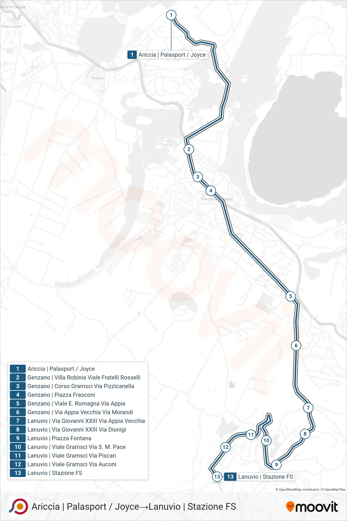 Linea COTRAL bus (Ariccia | Palasport / Joyce→Lanuvio | Stazione FS) - Percorsi e fermate sulla mappa