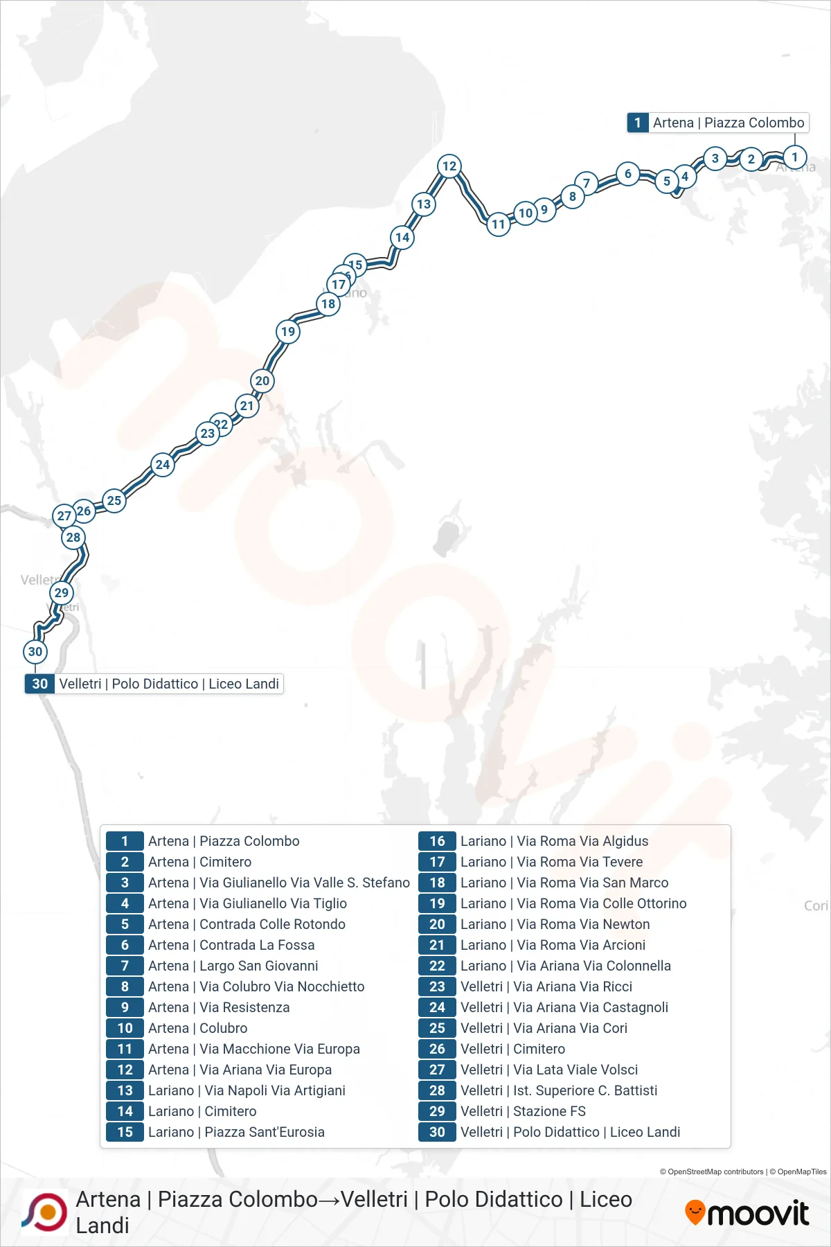 Linea COTRAL bus (Artena | Piazza Colombo→Velletri | Polo Didattico | Liceo Landi) - Percorsi e fermate sulla mappa