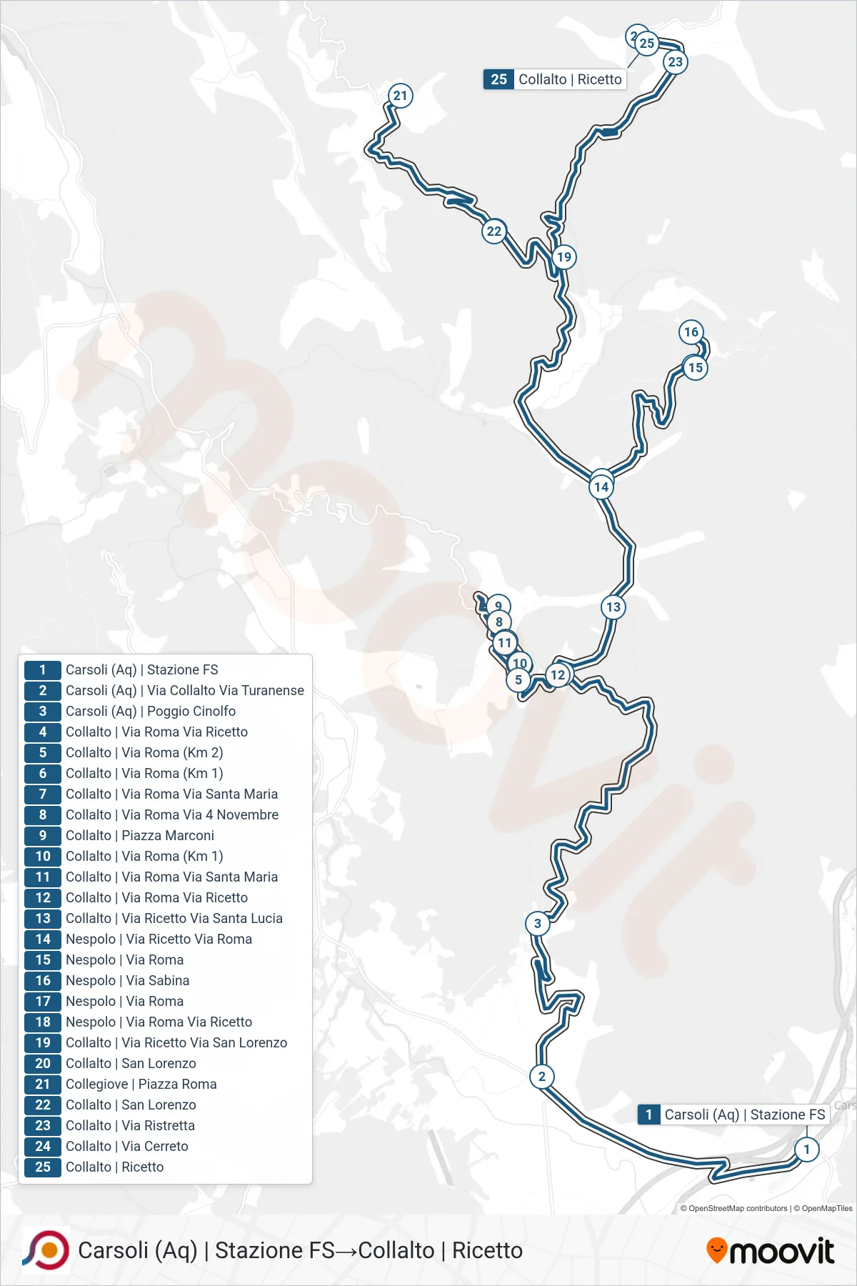 Linea COTRAL bus (Carsoli (Aq) | Stazione FS→Collalto | Ricetto) - Percorsi e fermate sulla mappa