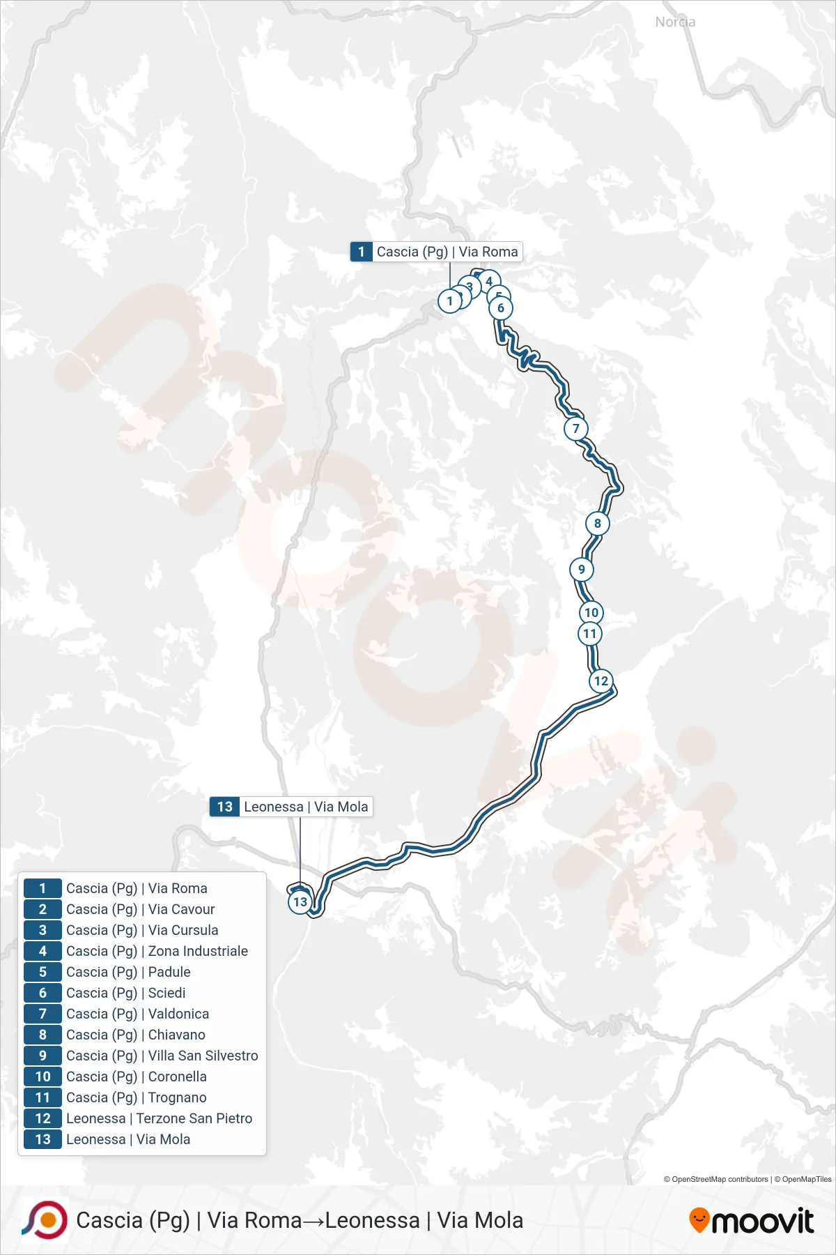 Linea COTRAL bus (Cascia (Pg) | Via Roma→Leonessa | Via Mola) - Percorsi e fermate sulla mappa