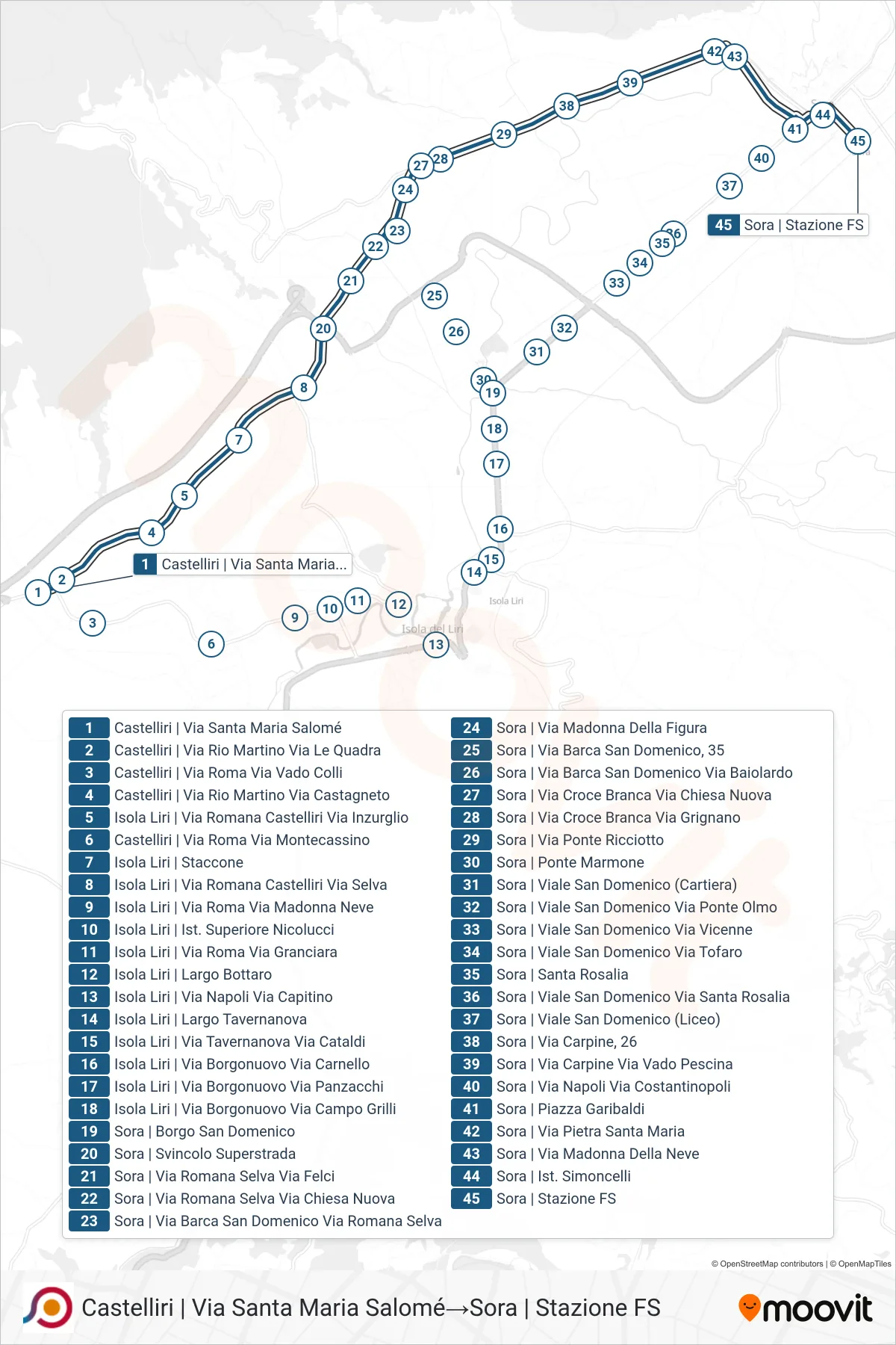 Linea COTRAL bus (Castelliri | Via Santa Maria Salomé→Sora | Stazione FS) - Percorsi e fermate sulla mappa