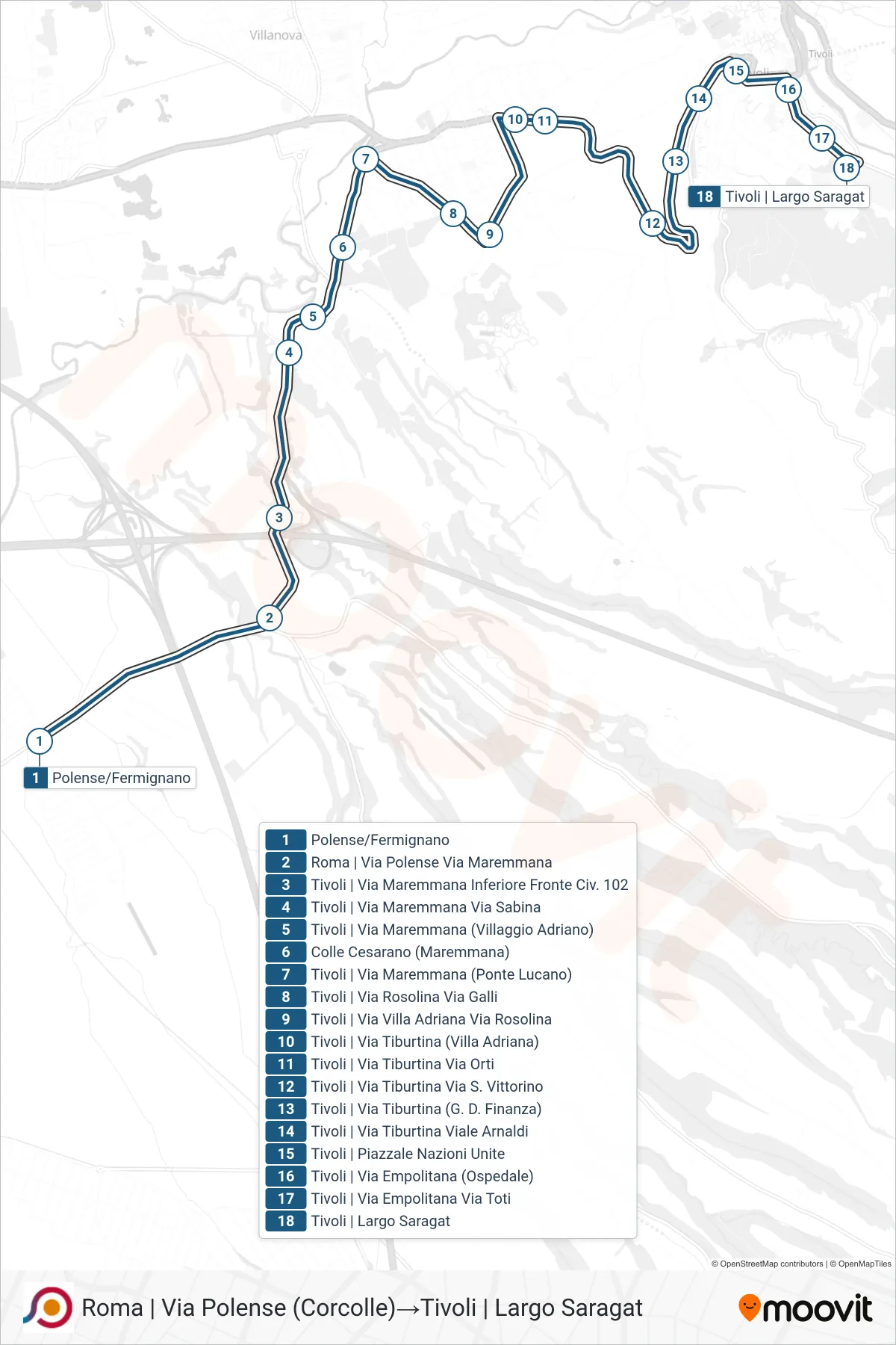 COTRAL bus Line (Rome via Polense (Corcolle)→Tivoli via Largo Saragat) route and stops on a map