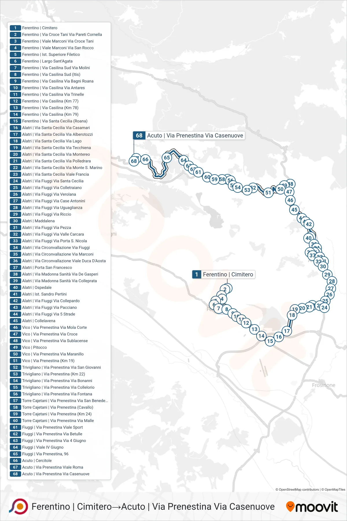 Linea COTRAL bus (Ferentino | Cimitero→Acuto | Via Prenestina Via Casenuove) - Percorsi e fermate sulla mappa