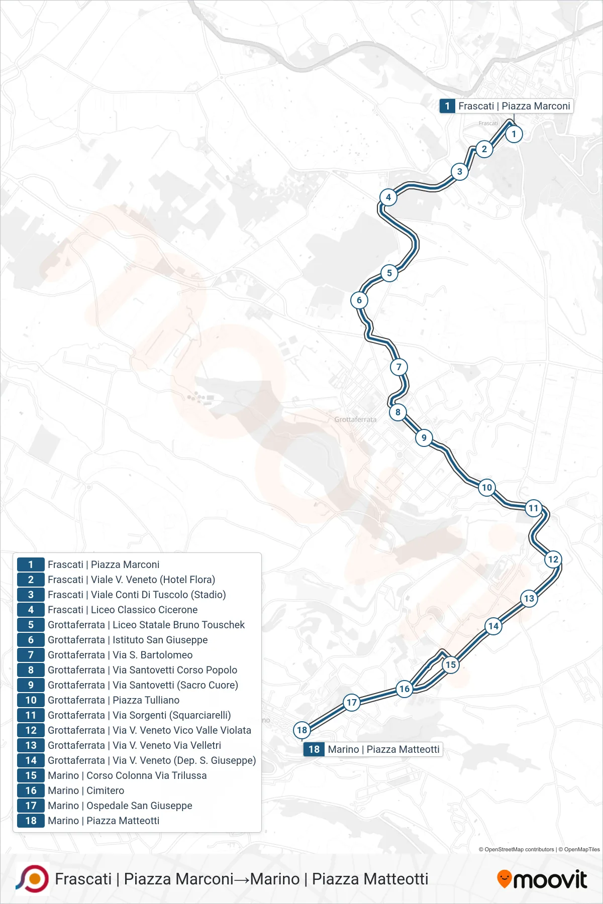 Linea COTRAL bus (Frascati | Piazza Marconi→Marino | Piazza Matteotti) - Percorsi e fermate sulla mappa