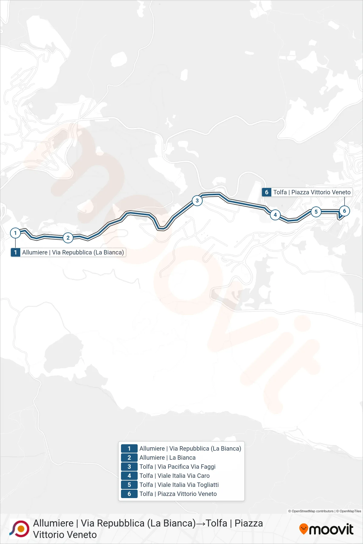 Linea COTRAL bus (Allumiere | Via Repubblica (La Bianca)→Tolfa | Piazza Vittorio Veneto) - Percorsi e fermate sulla mappa