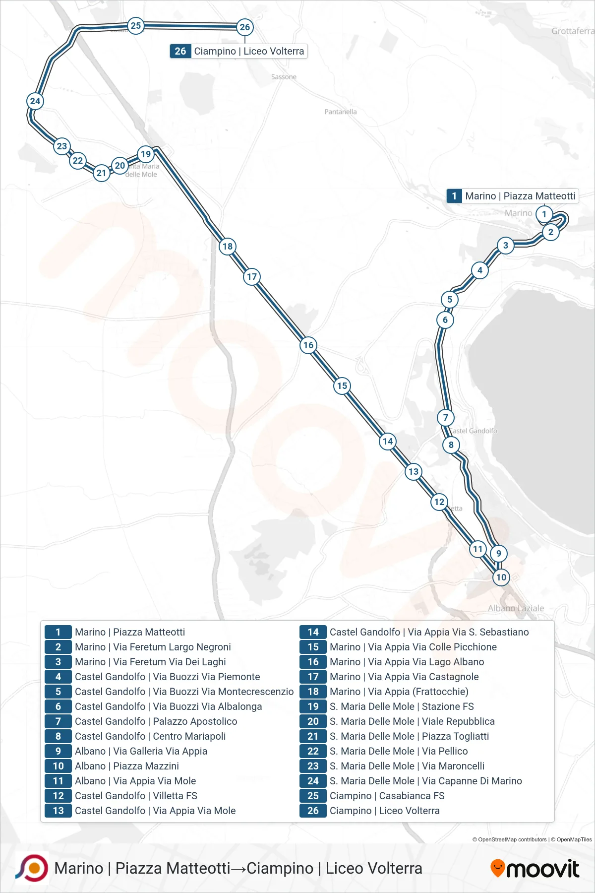 Linea COTRAL bus (Marino | Piazza Matteotti→Ciampino | Liceo Volterra) - Percorsi e fermate sulla mappa