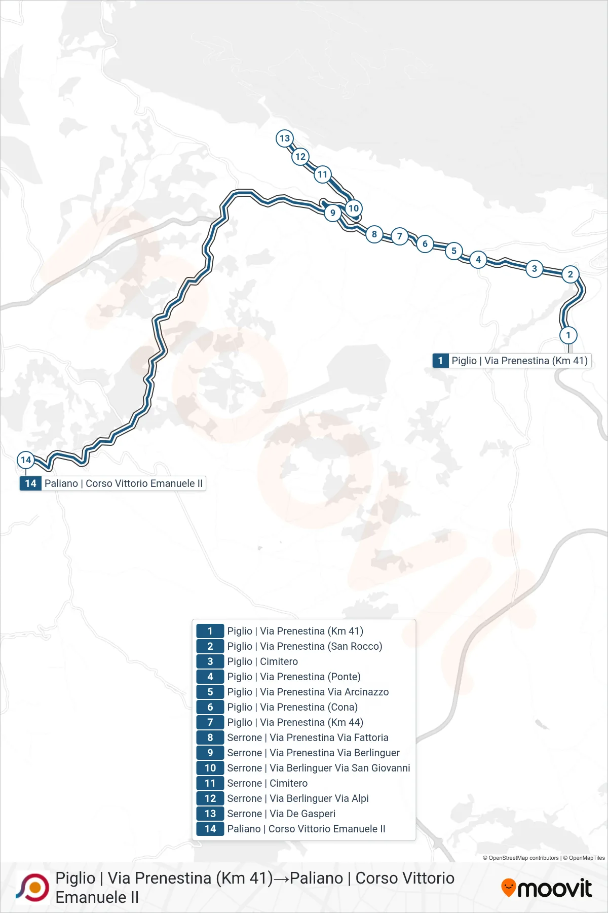 Linea COTRAL bus (Piglio | Via Prenestina (Km 41)→Paliano | Corso Vittorio Emanuele II) - Percorsi e fermate sulla mappa