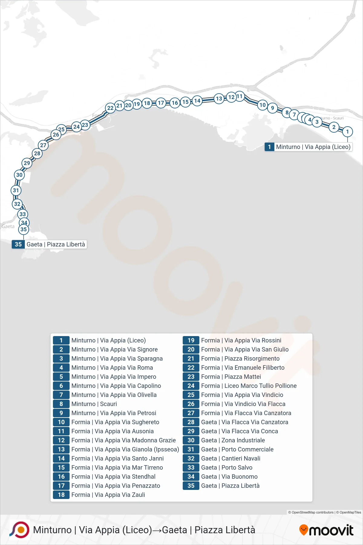 Linea COTRAL bus (Minturno | Via Appia (Liceo)→Gaeta | Piazza Libertà) - Percorsi e fermate sulla mappa
